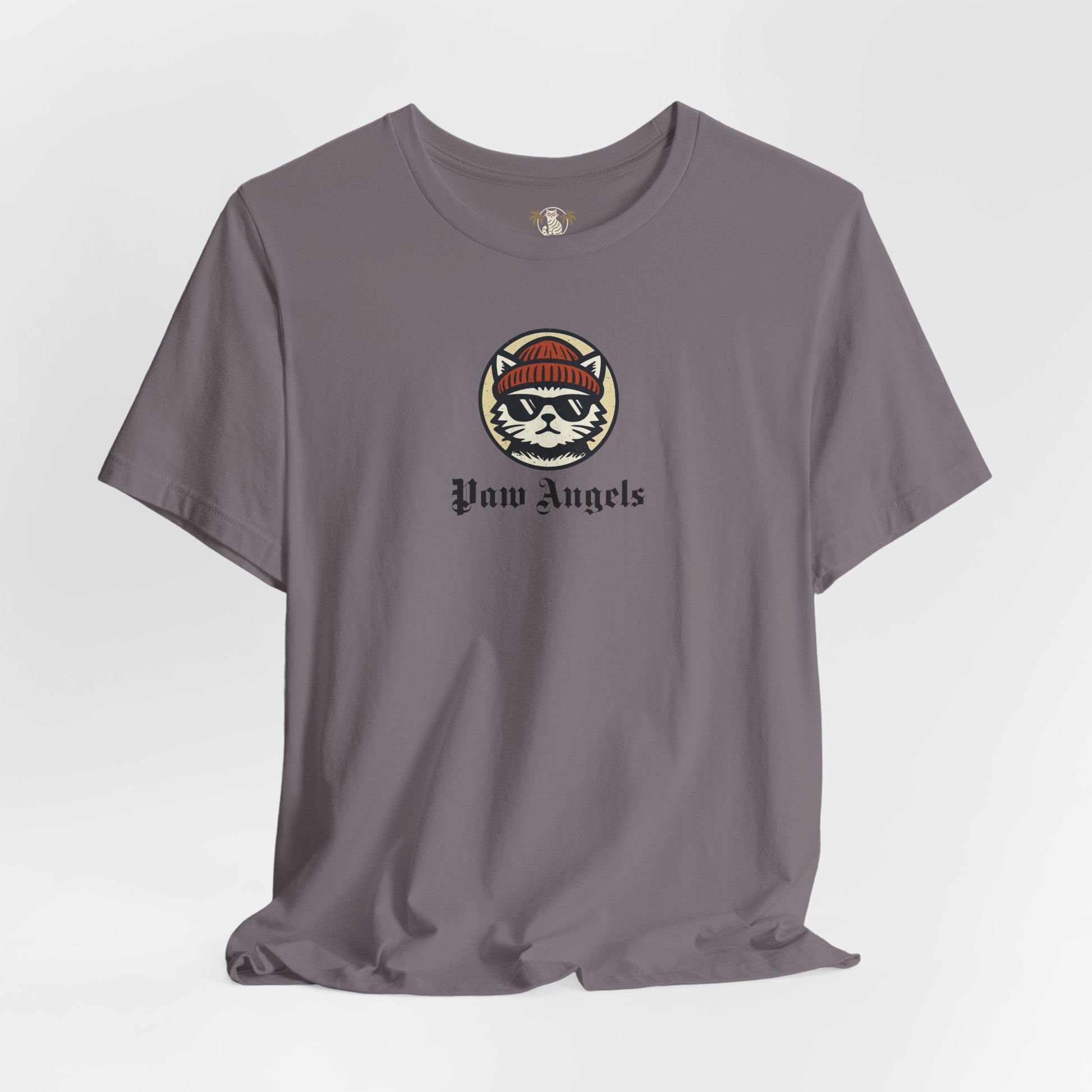 Storm grey Paw Angels Born to Fly street angel cat t-shirt, front view – men's cat shirt