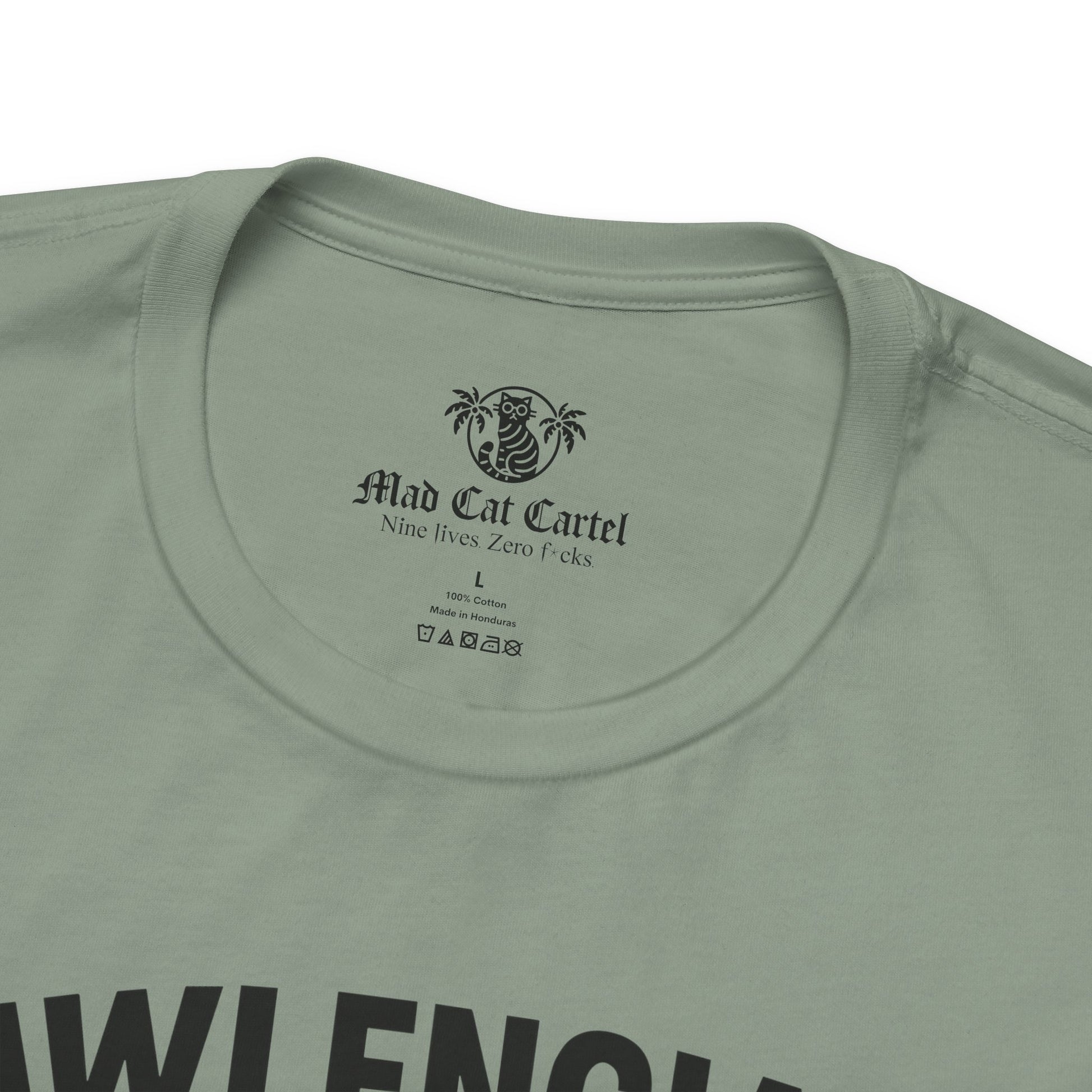 sage green Pawlenciaga cat tee, neck label close up, tee shirts with cats on them