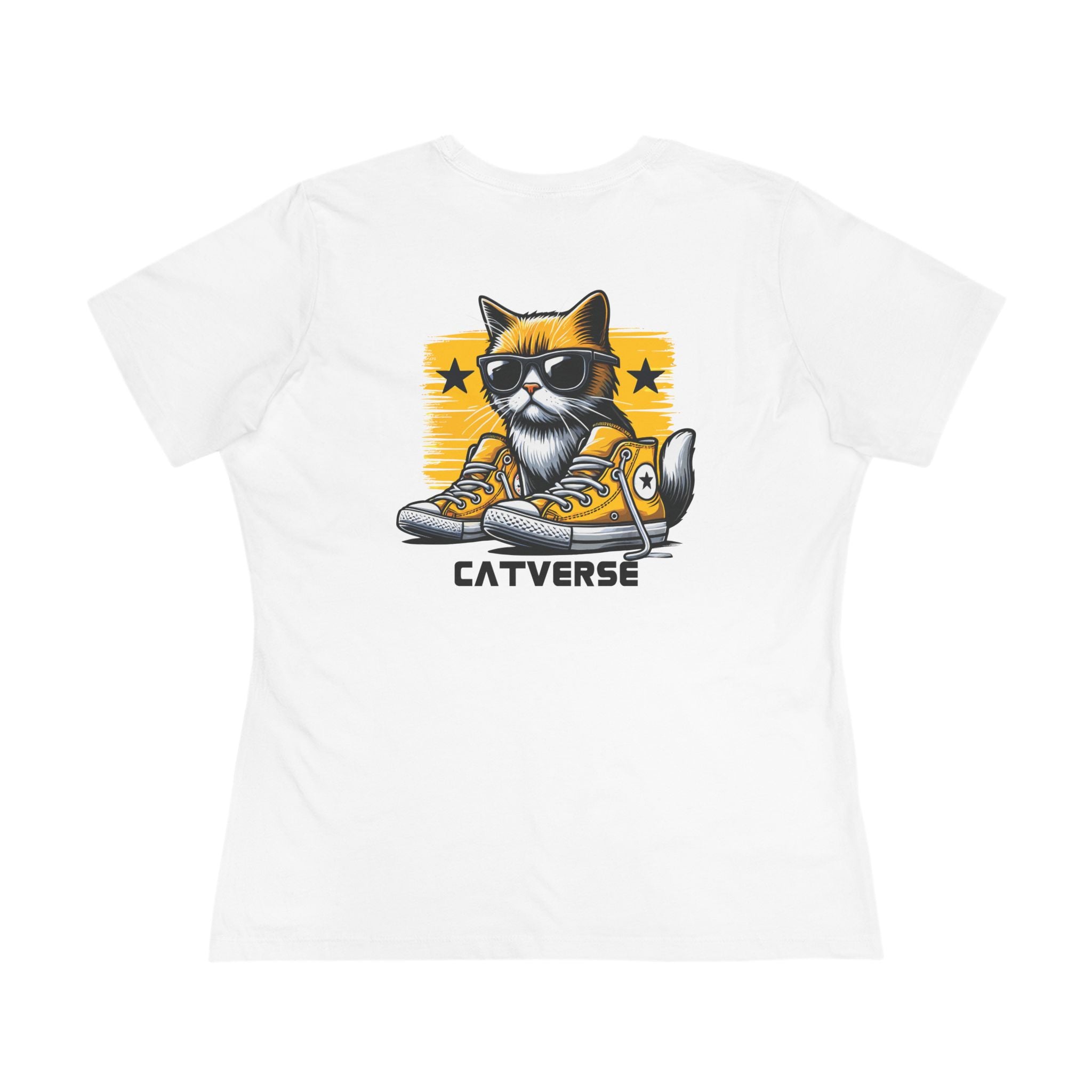 White cat t shirt women’s, back graphic view with sunglasses cat print