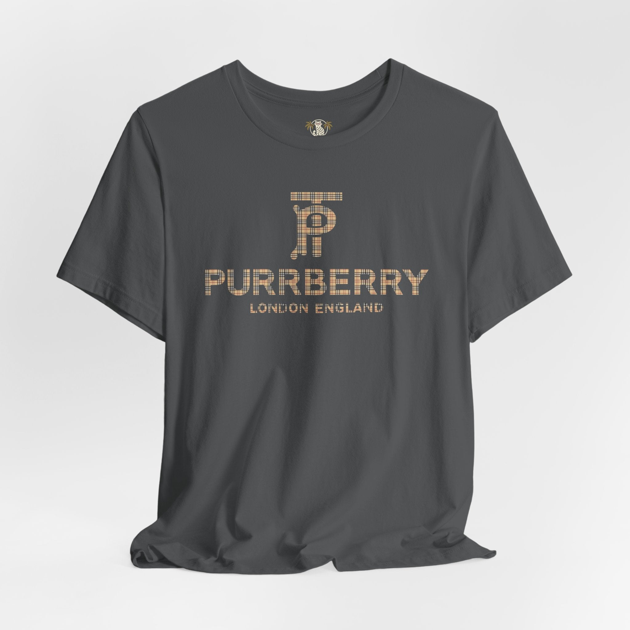 Asphalt Purrberry London Coat Club Cat Graphic T Shirt flat lay – cat lover t shirts