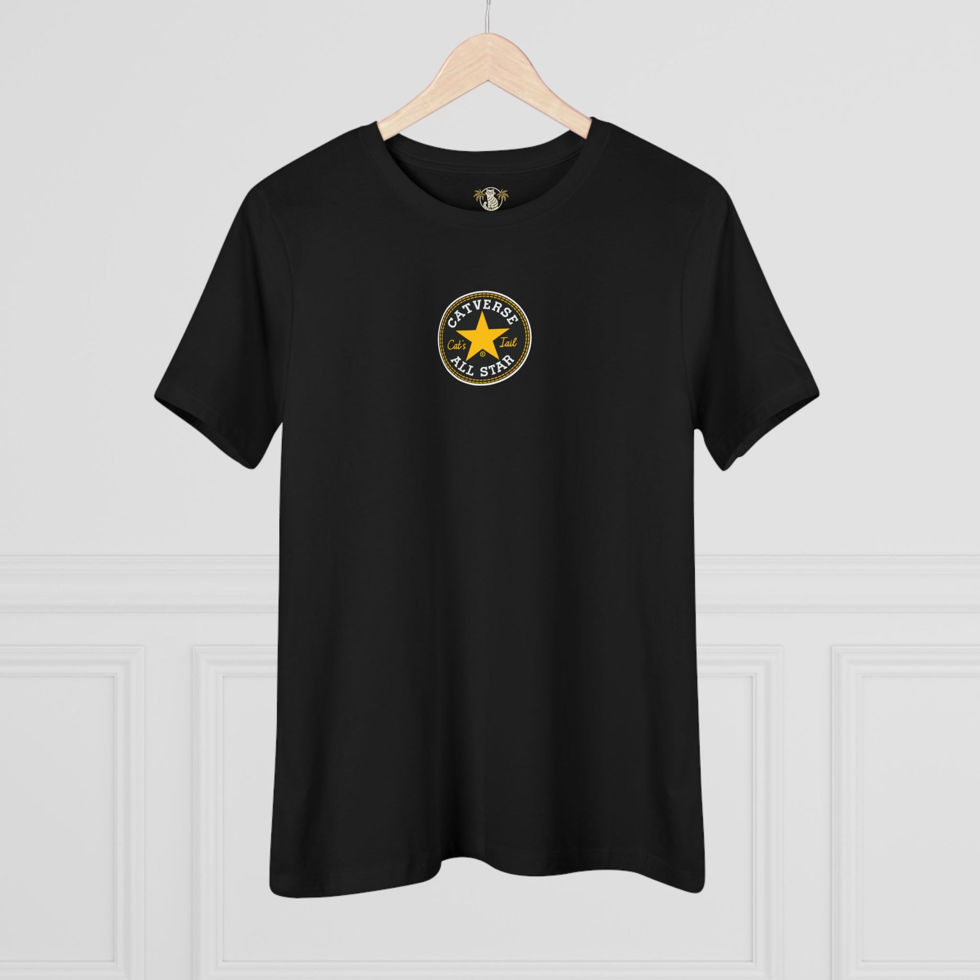 Cat on a shirt, women’s black tee on hanger with star chest logo