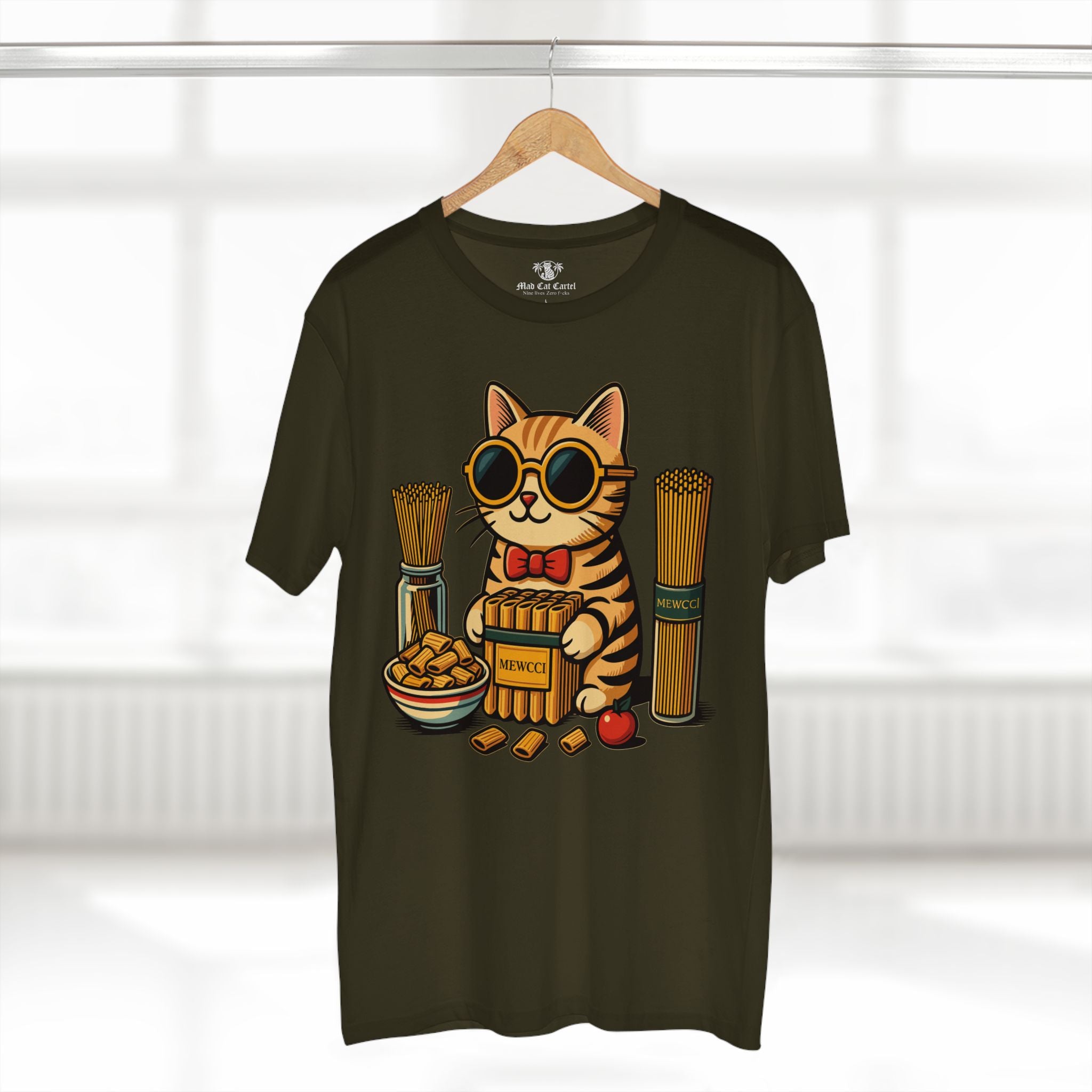 Mewcci Pasta Chef Cat Graphic T Shirt in Army on hanger – pasta chef cat design