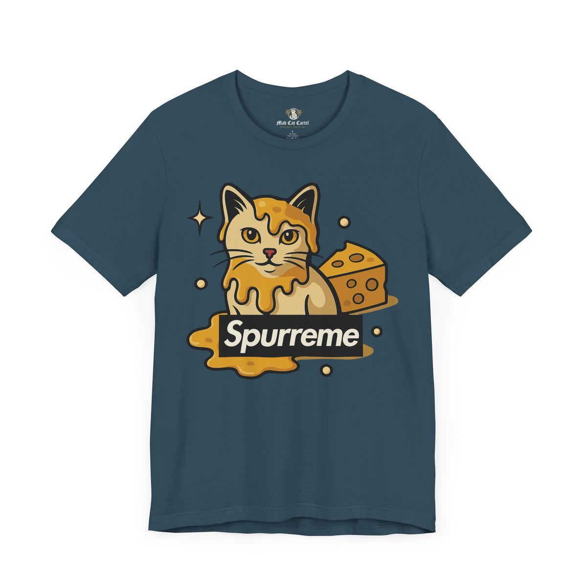 Spurreme Cheddar Cat Drip funny cat shirt for men — blue tee, lightweight Airlume combed ring-spun cotton