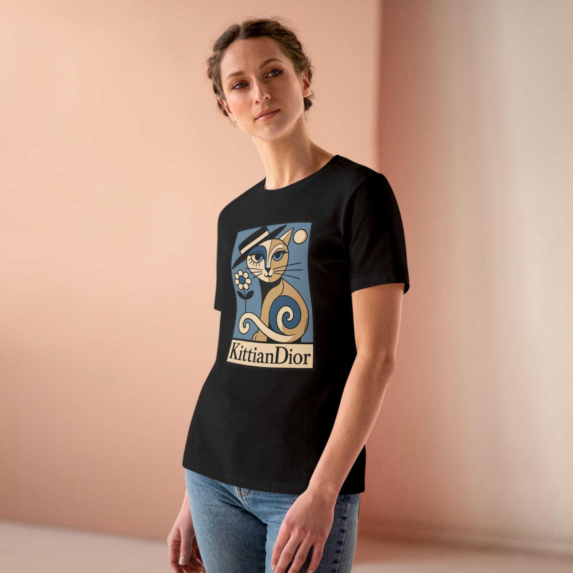 Female model wearing Kittian Dior La Parisienne black cat lover t shirt