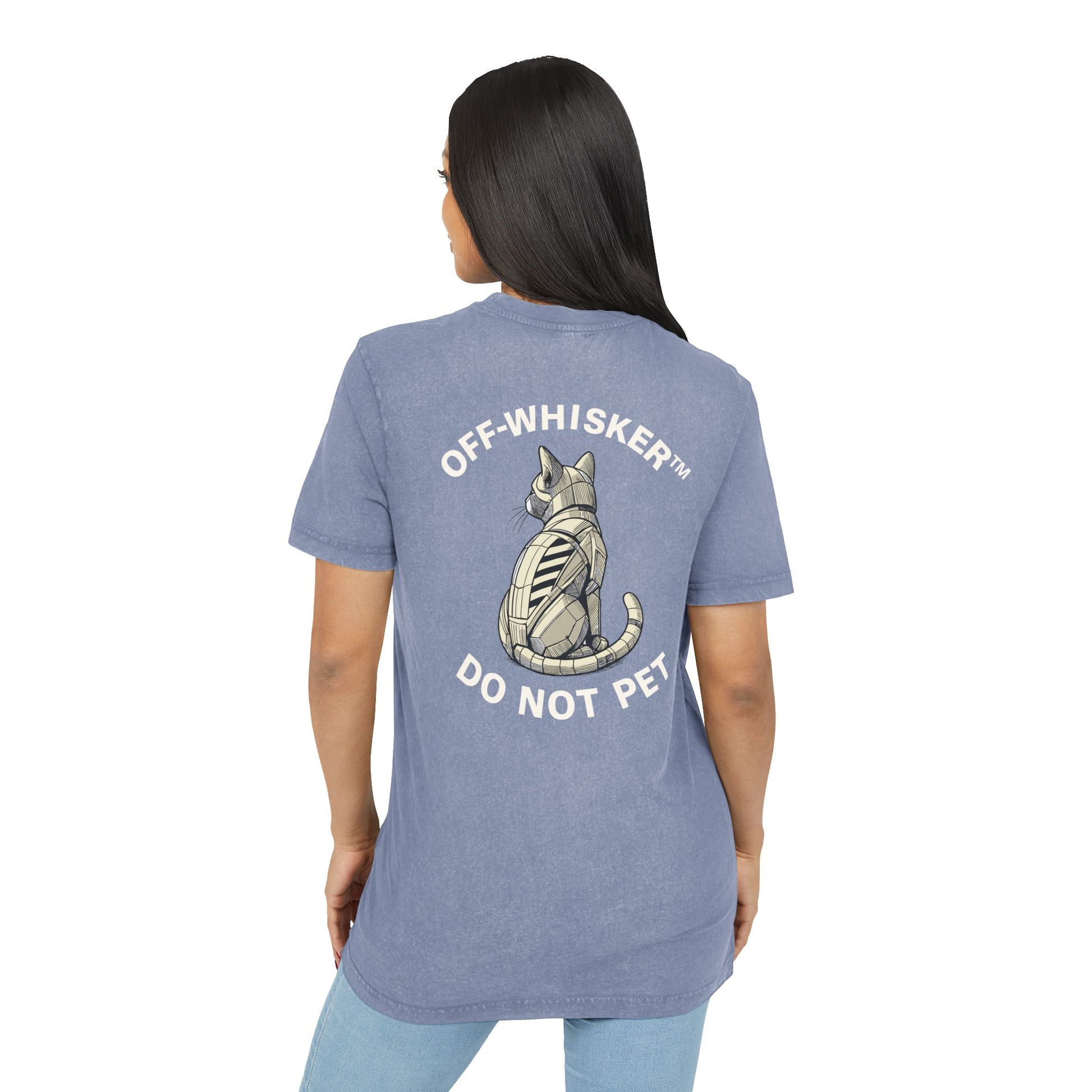 Model back view wearing Off-Whisker Mechanical Feline Unit Cat Graphic Acid Washed T-Shirt, vintage blue cat lady t shirt with do not pet print