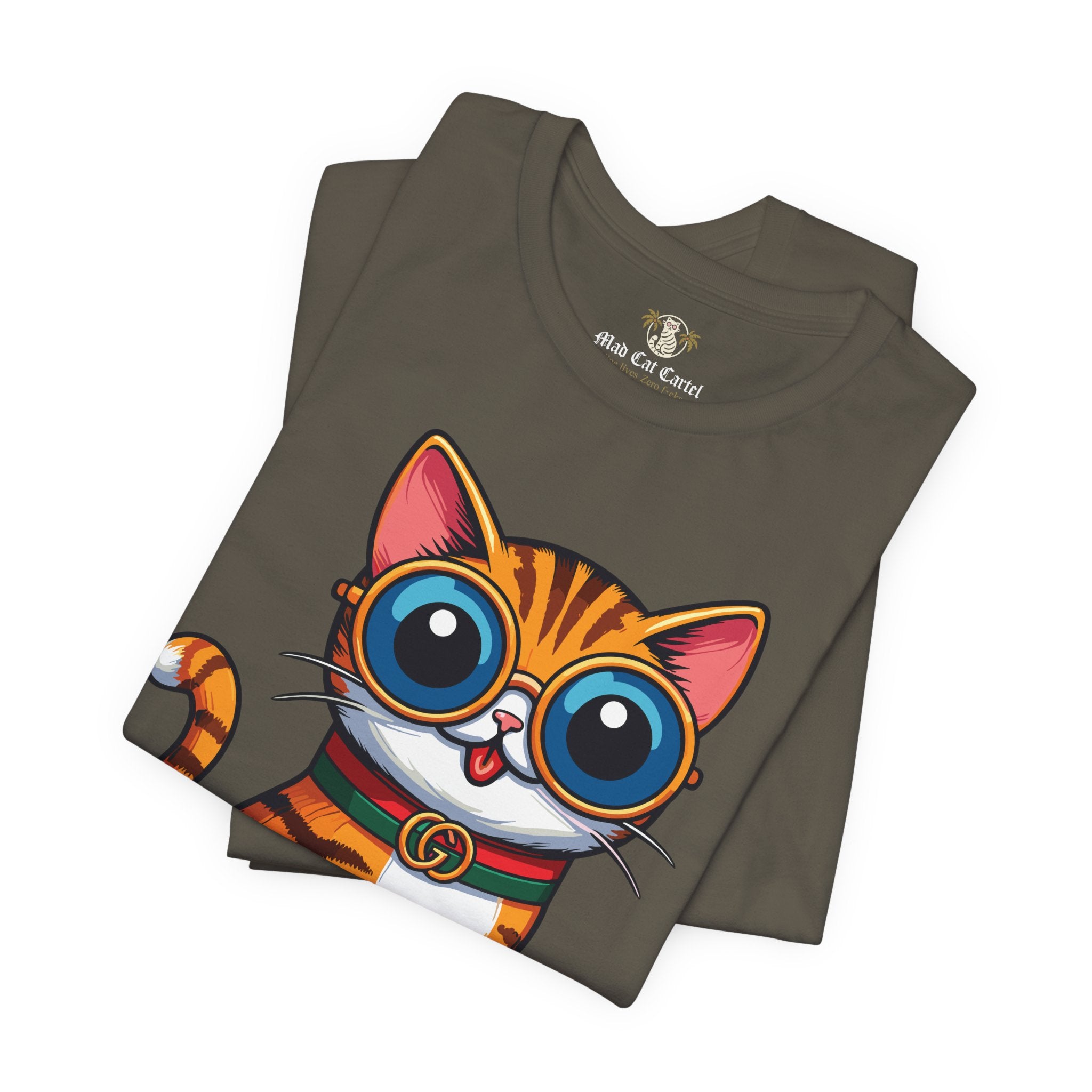 Folded Mewcci Iconic Box Cat Graphic T-Shirt in Army