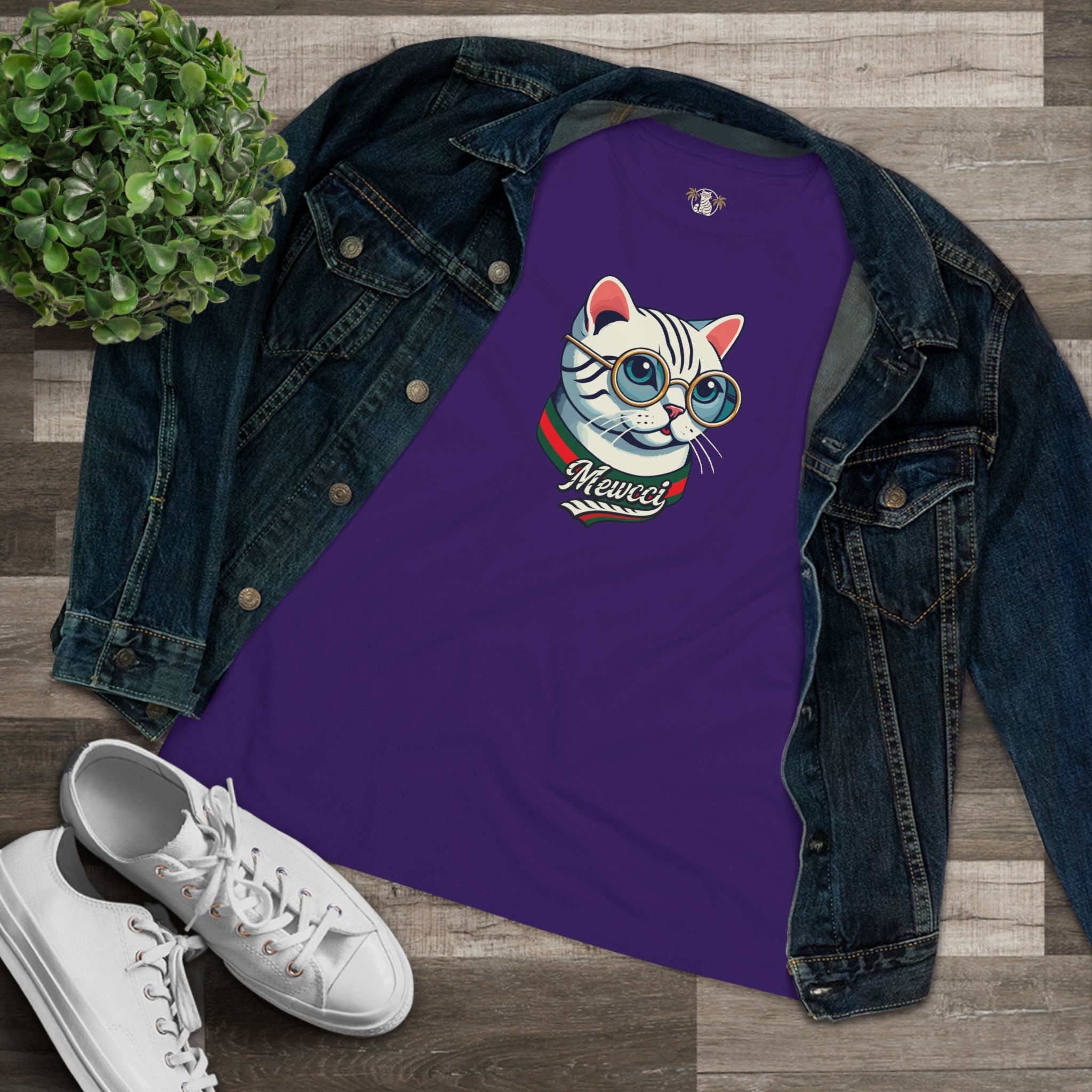 Purple women's tee on denim jacket tee shirts with cats