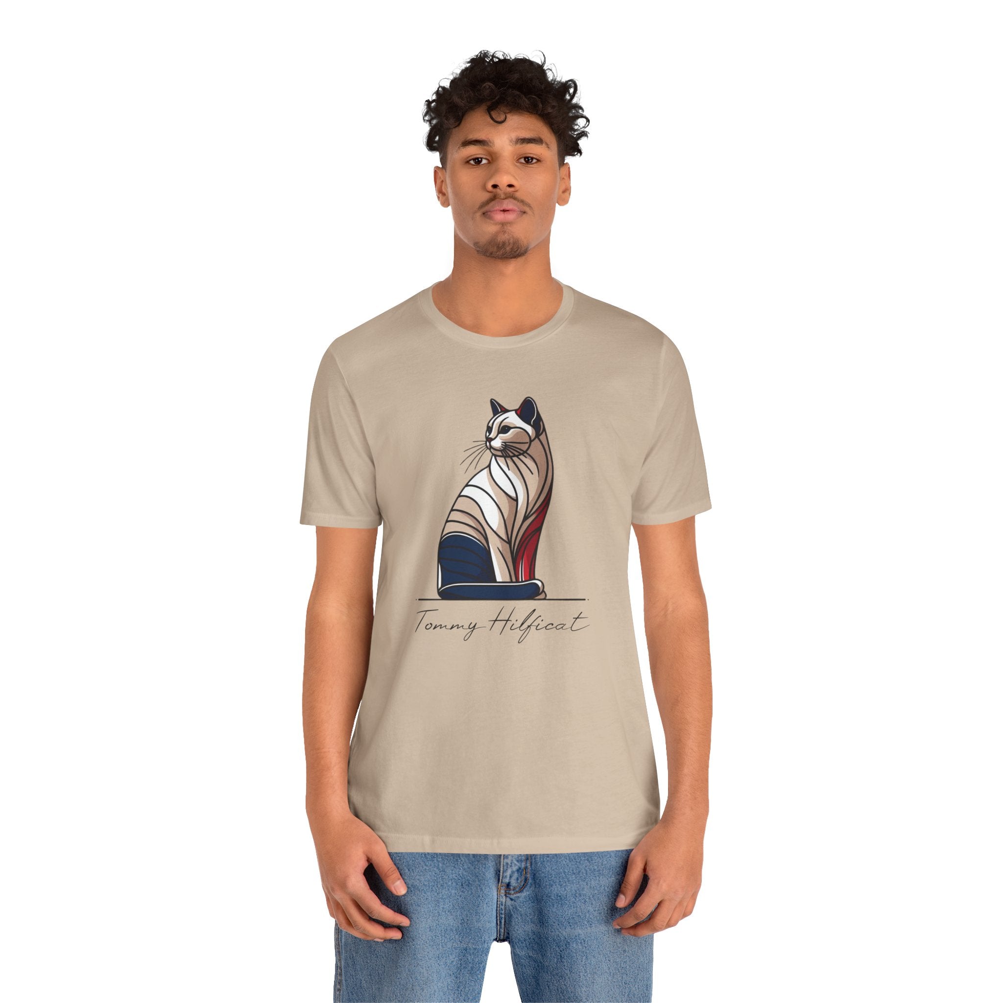 Tan cat themed clothing mens cat tee on model
