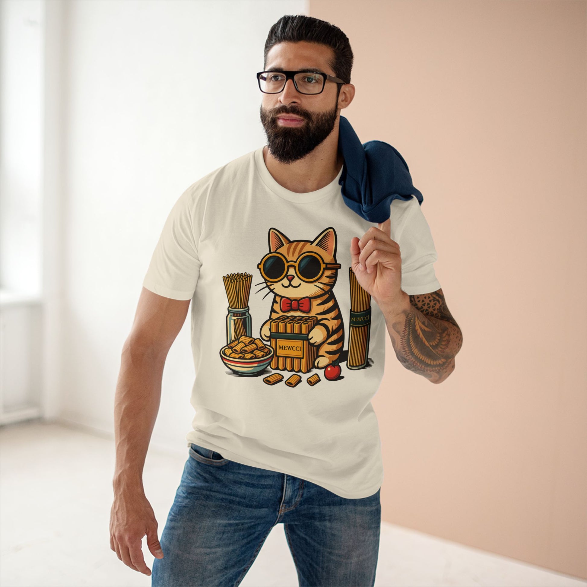 Male model wearing Mewcci Pasta Chef Cat Graphic T Shirt in Natural