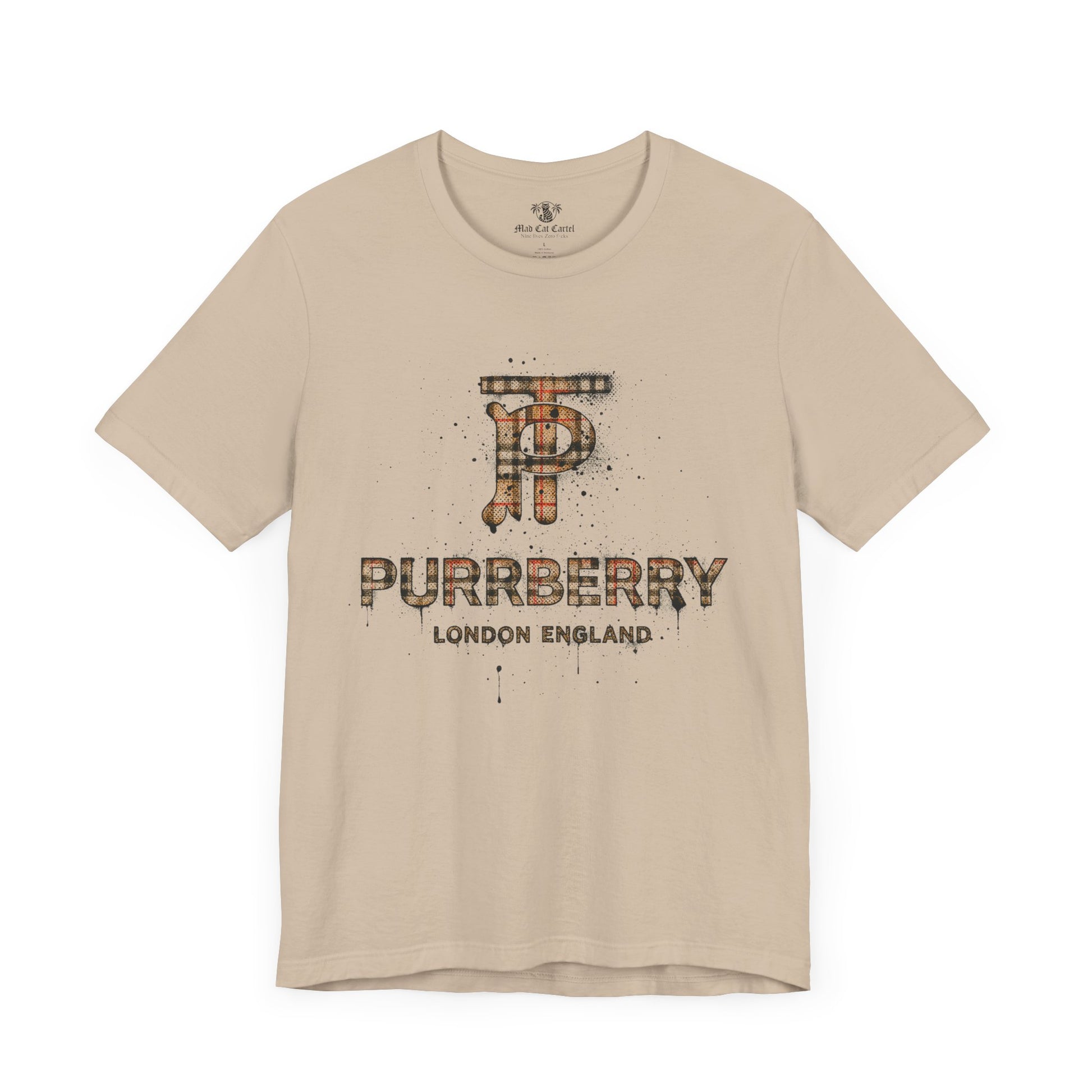 purrberry london heritage spray cat graphic t shirt tan front view mens cat tee shirts