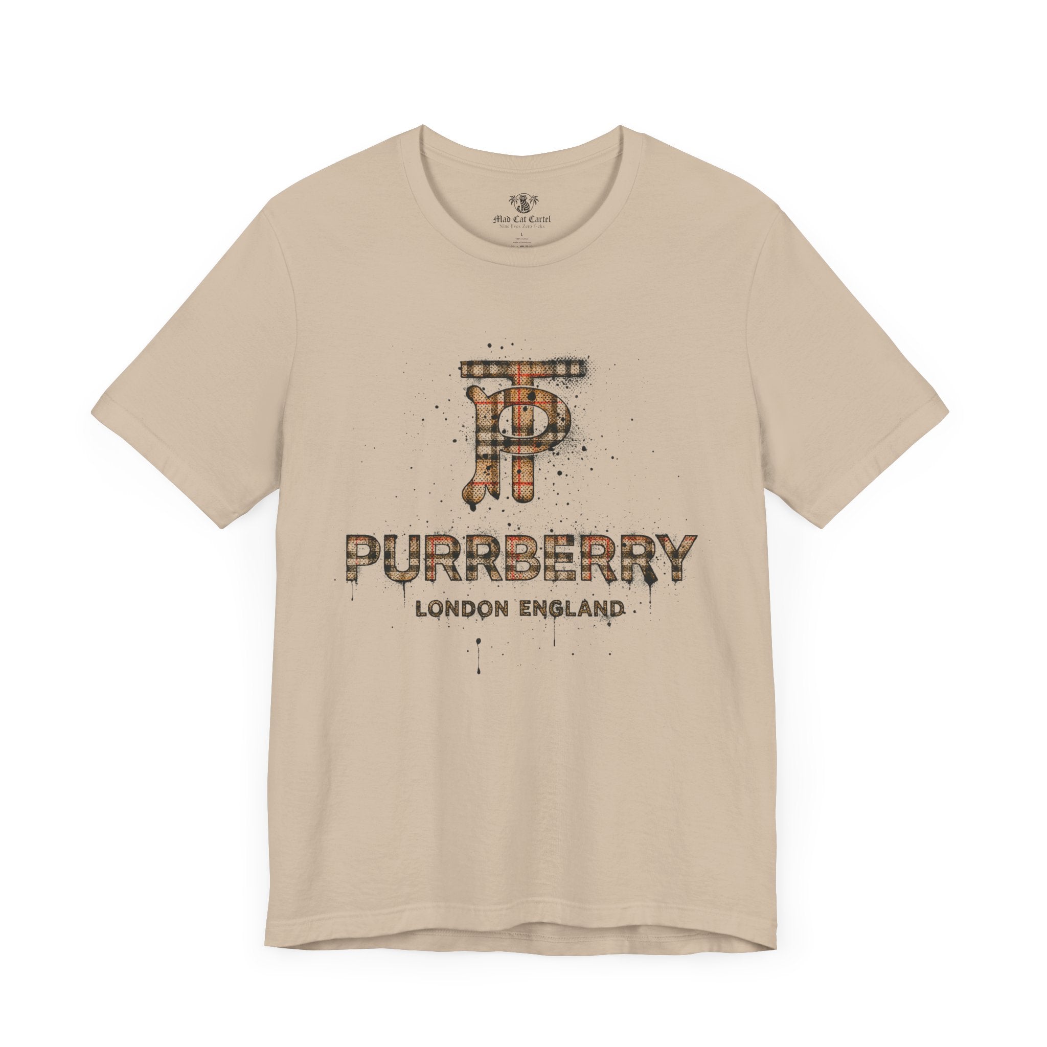 purrberry london heritage spray cat graphic t shirt tan front view mens cat tee shirts