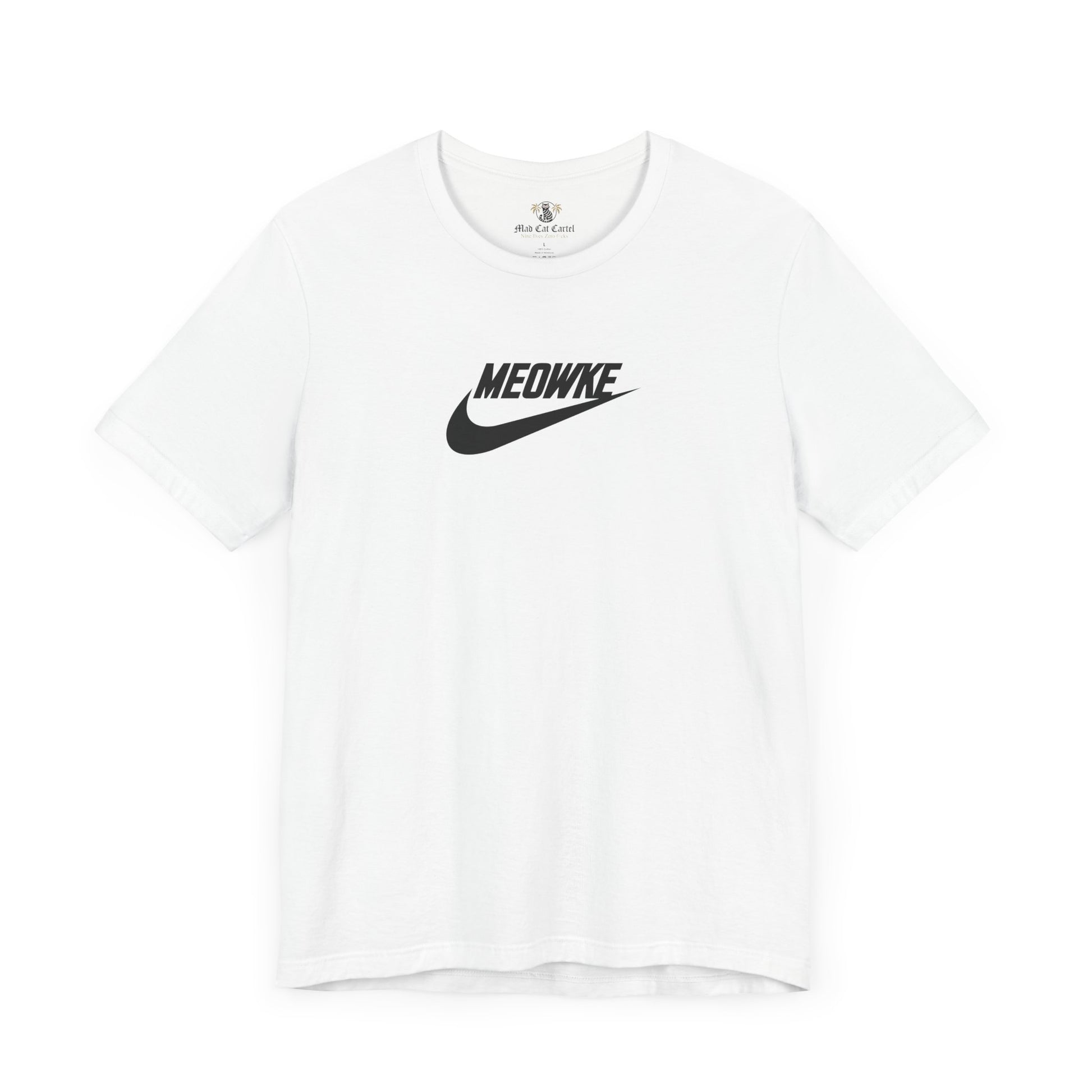 Funny t shirts for men – white unisex tee, front view, black Meowke chest swoosh logo