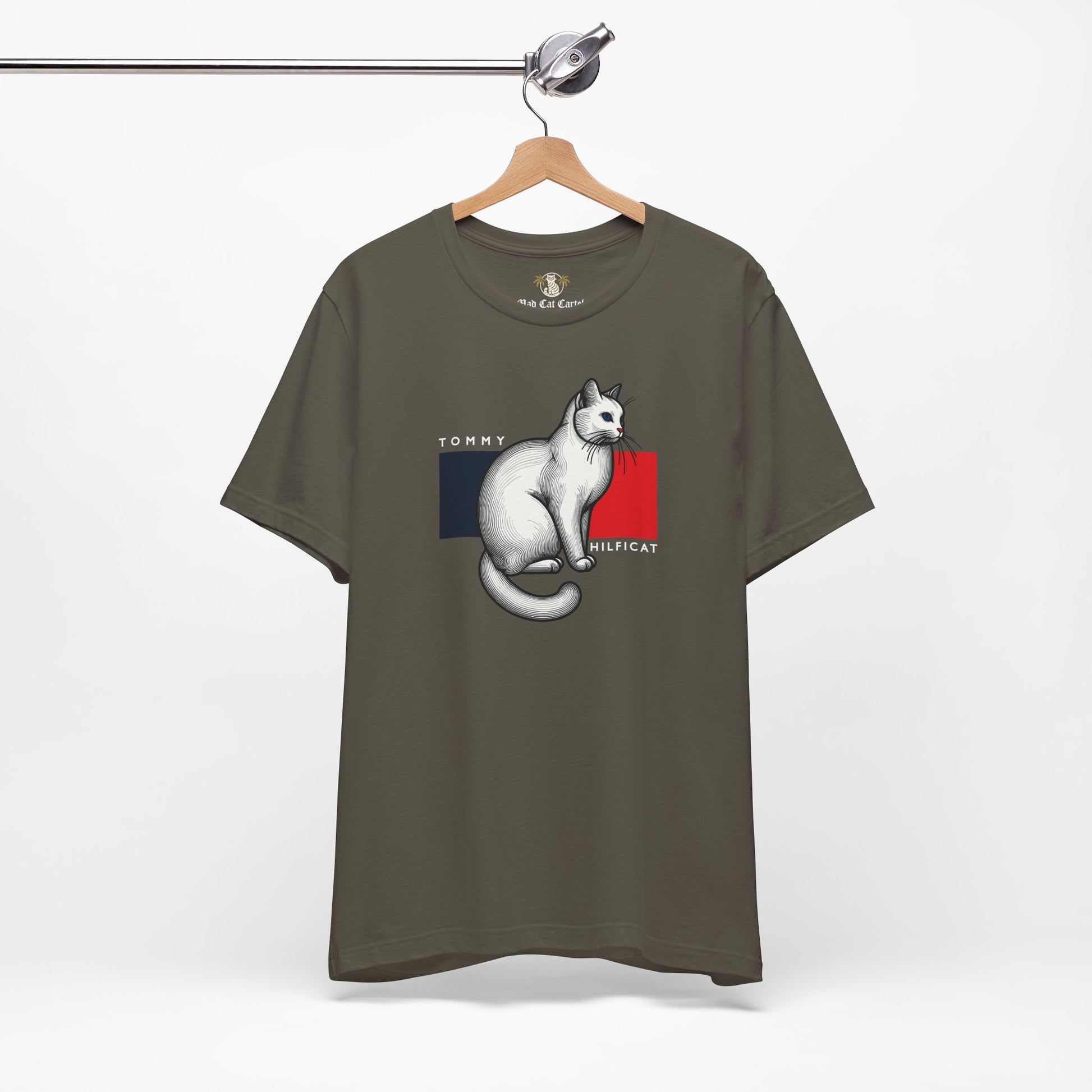 Army Green cat on a shirt front on hanger