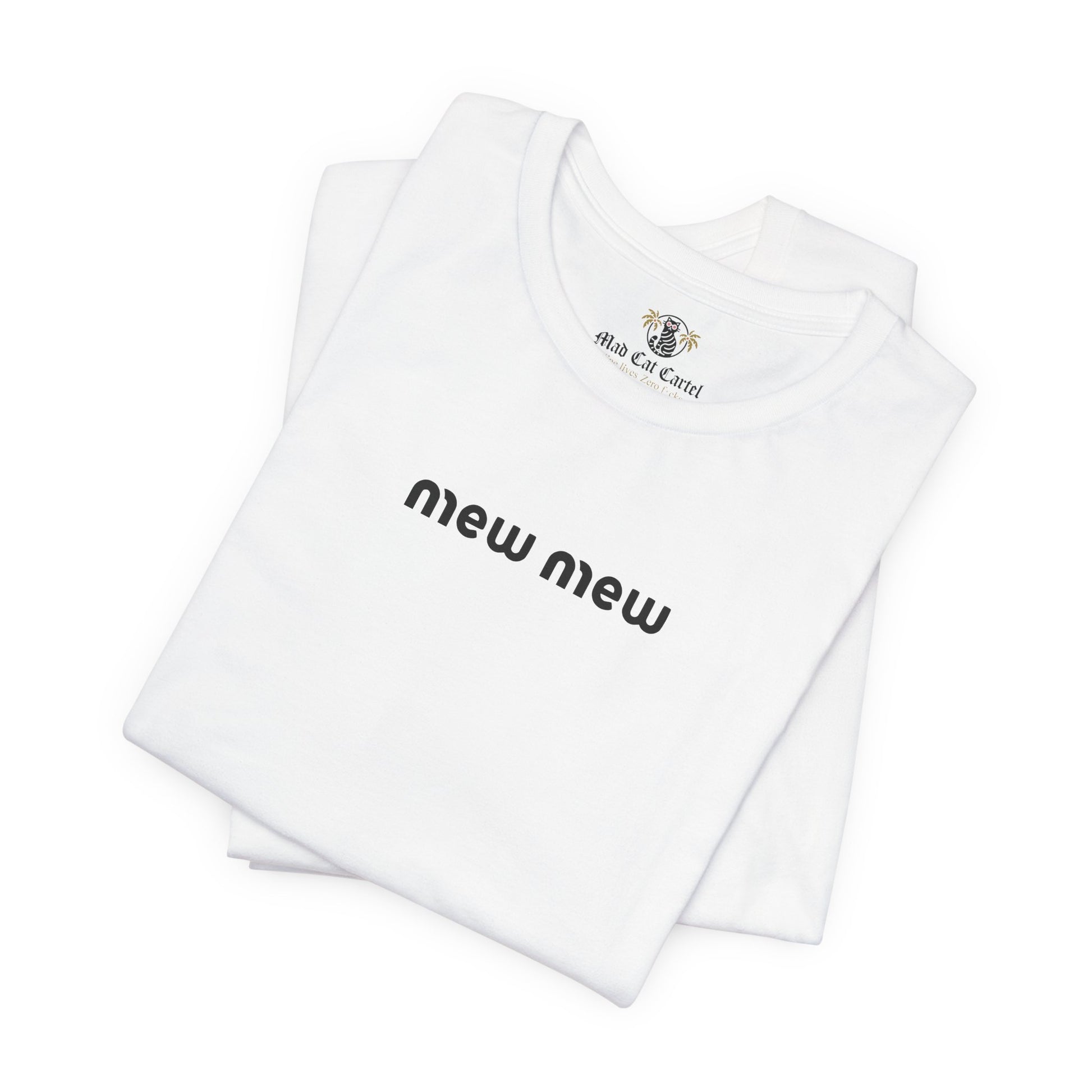 Folded White Mew Mew Logo Graphic T-Shirt – funny cat tees