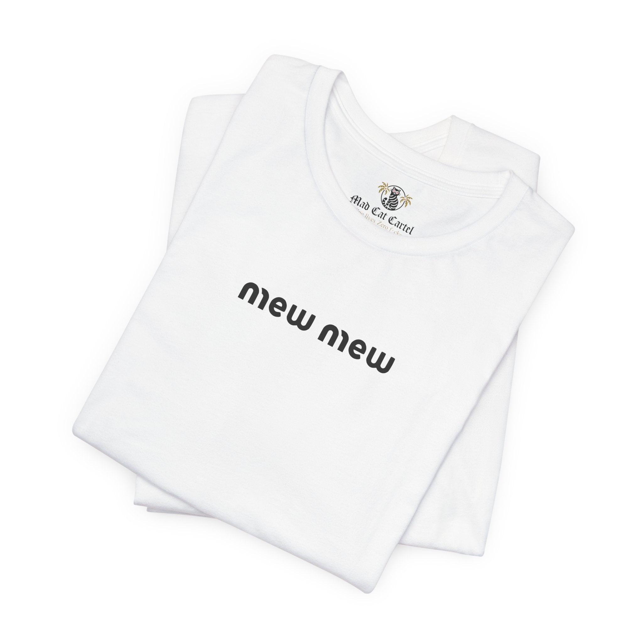 Folded White Mew Mew Logo Graphic T-Shirt – funny cat tees