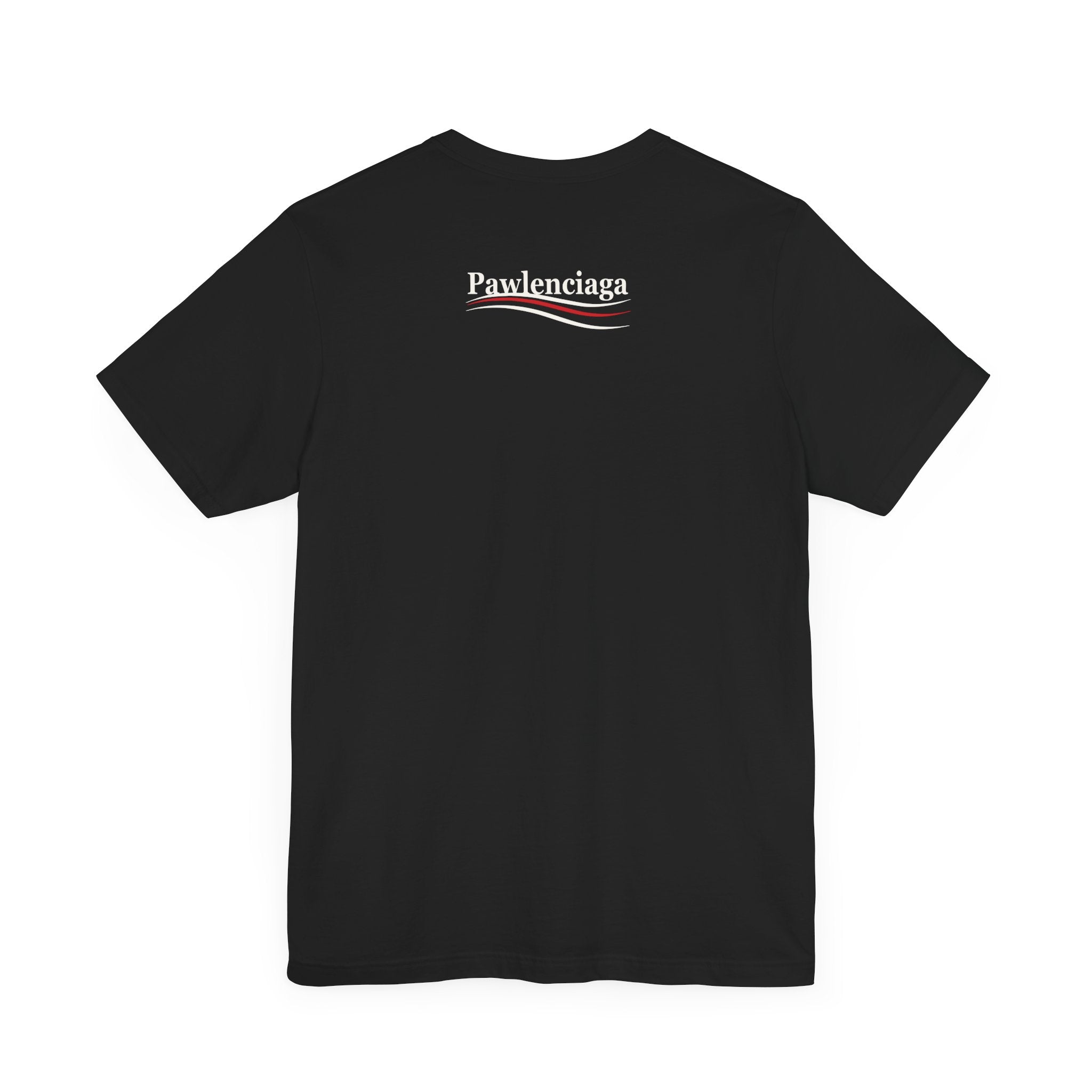 black Pawlenciaga cat tee, back view, pawlenciaga wordmark, t shirts with cats on them