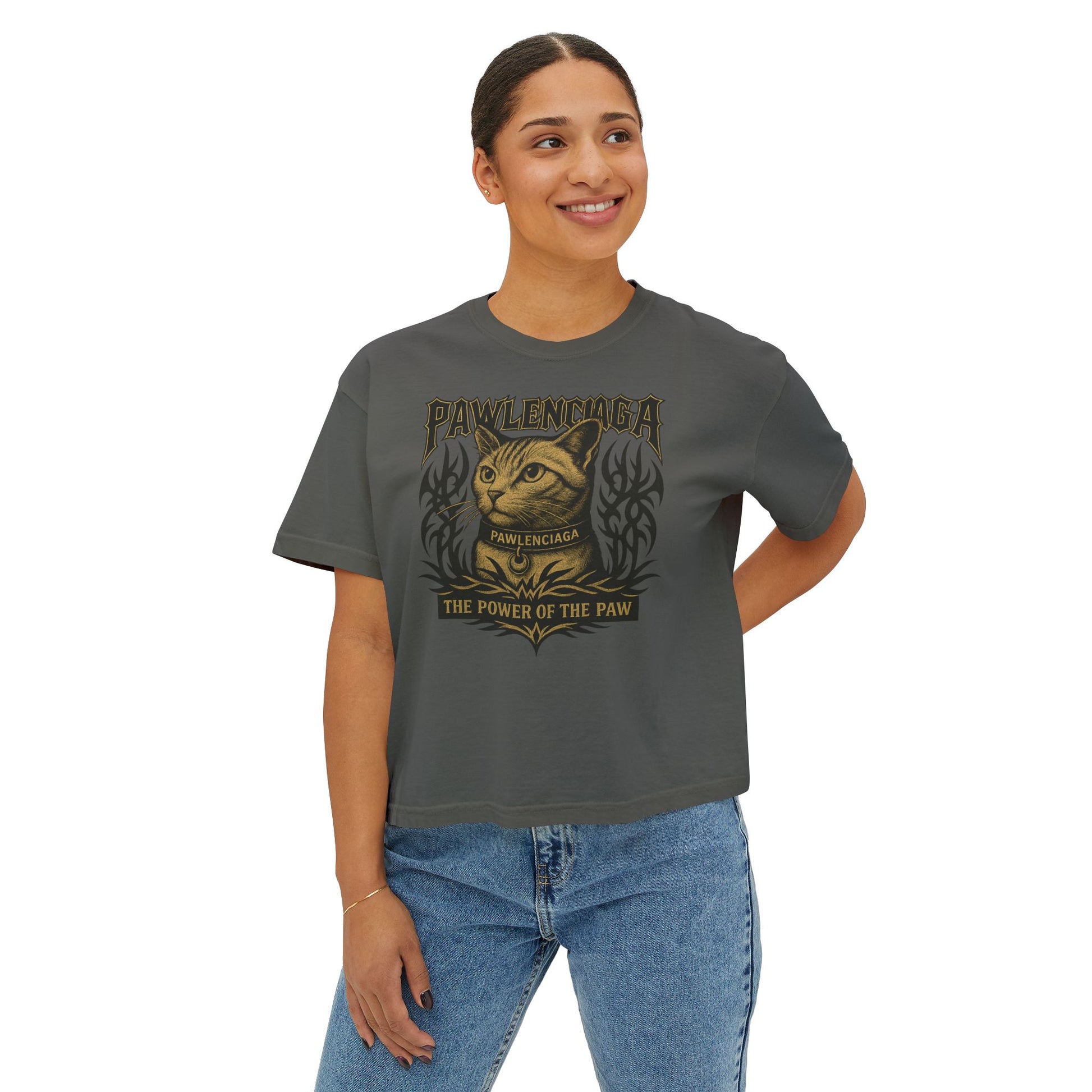 Pawlenciaga womens pepper gray cat graphic boxy tee, model front view smiling