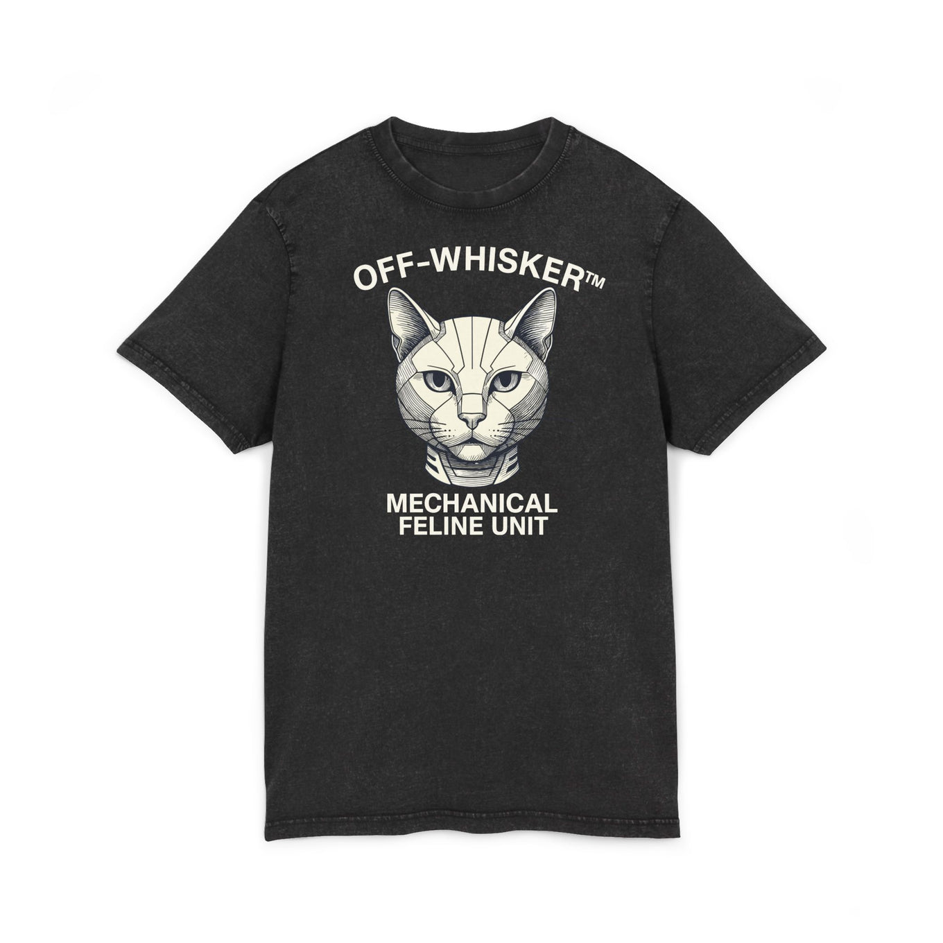 Off-Whisker Mechanical Feline Unit Cat Graphic Acid Washed T-Shirt, black unisex cat on a shirt front view