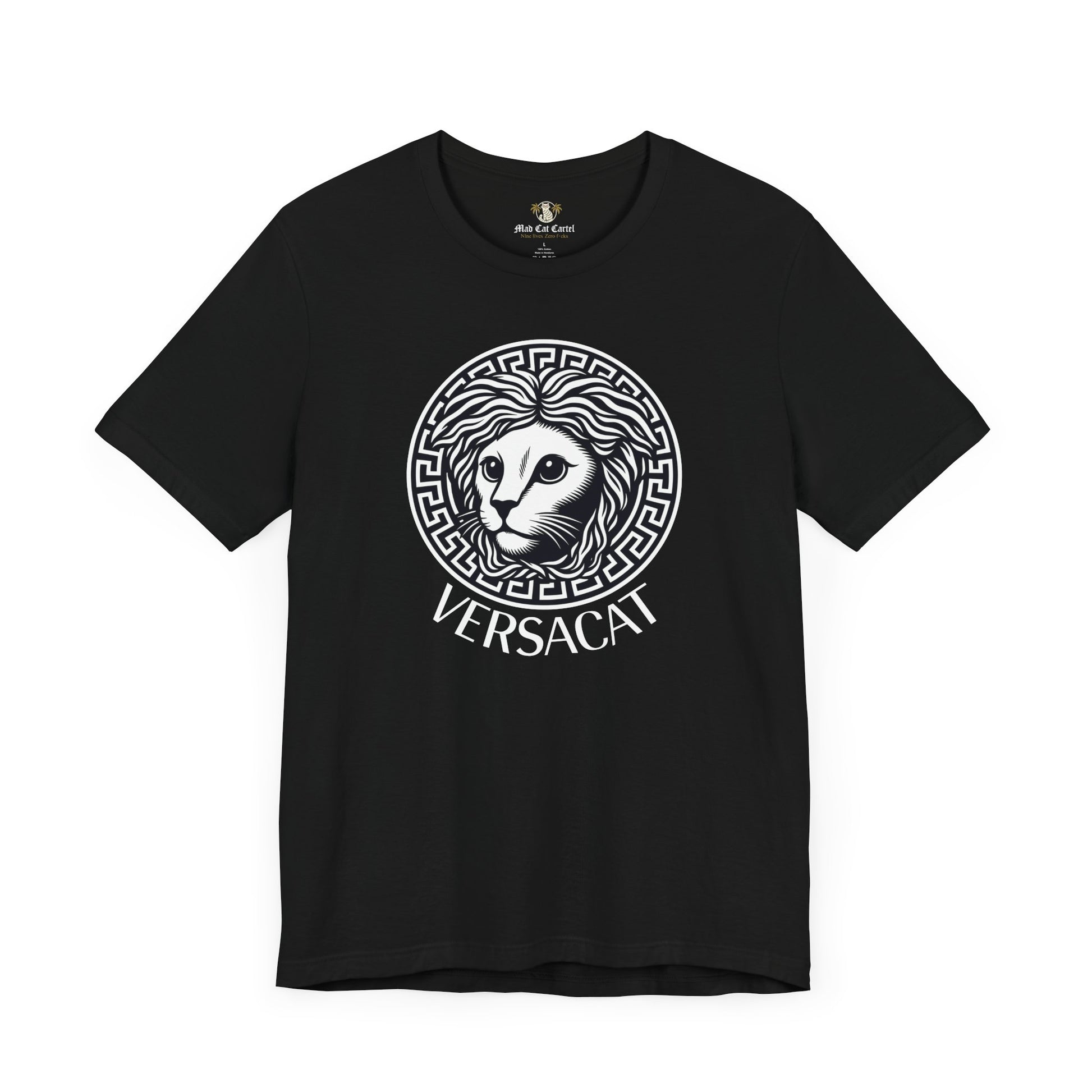 Black Versacat Medusa cat emblem graphic t-shirt – unisex style