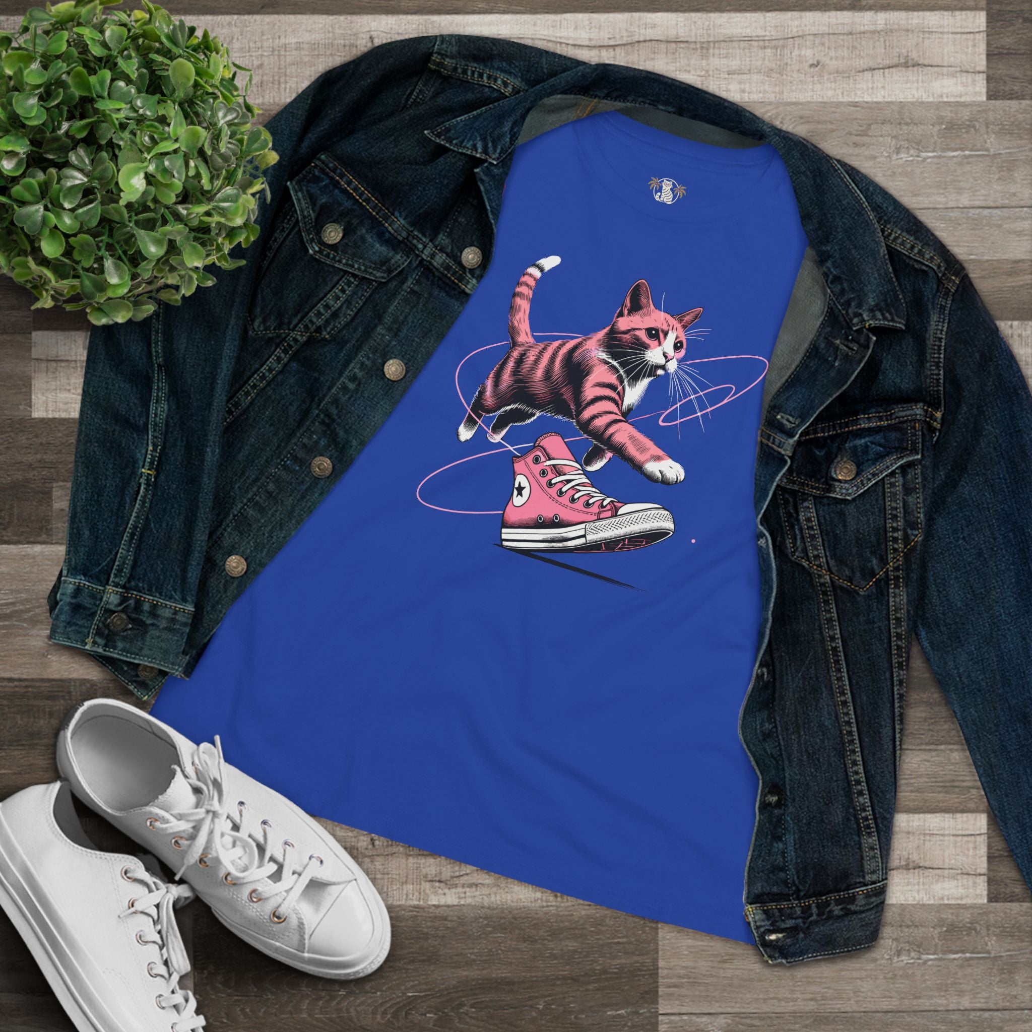Blue Catverse Apex Kick women’s tee folded flat with denim jacket, cat shirts for women