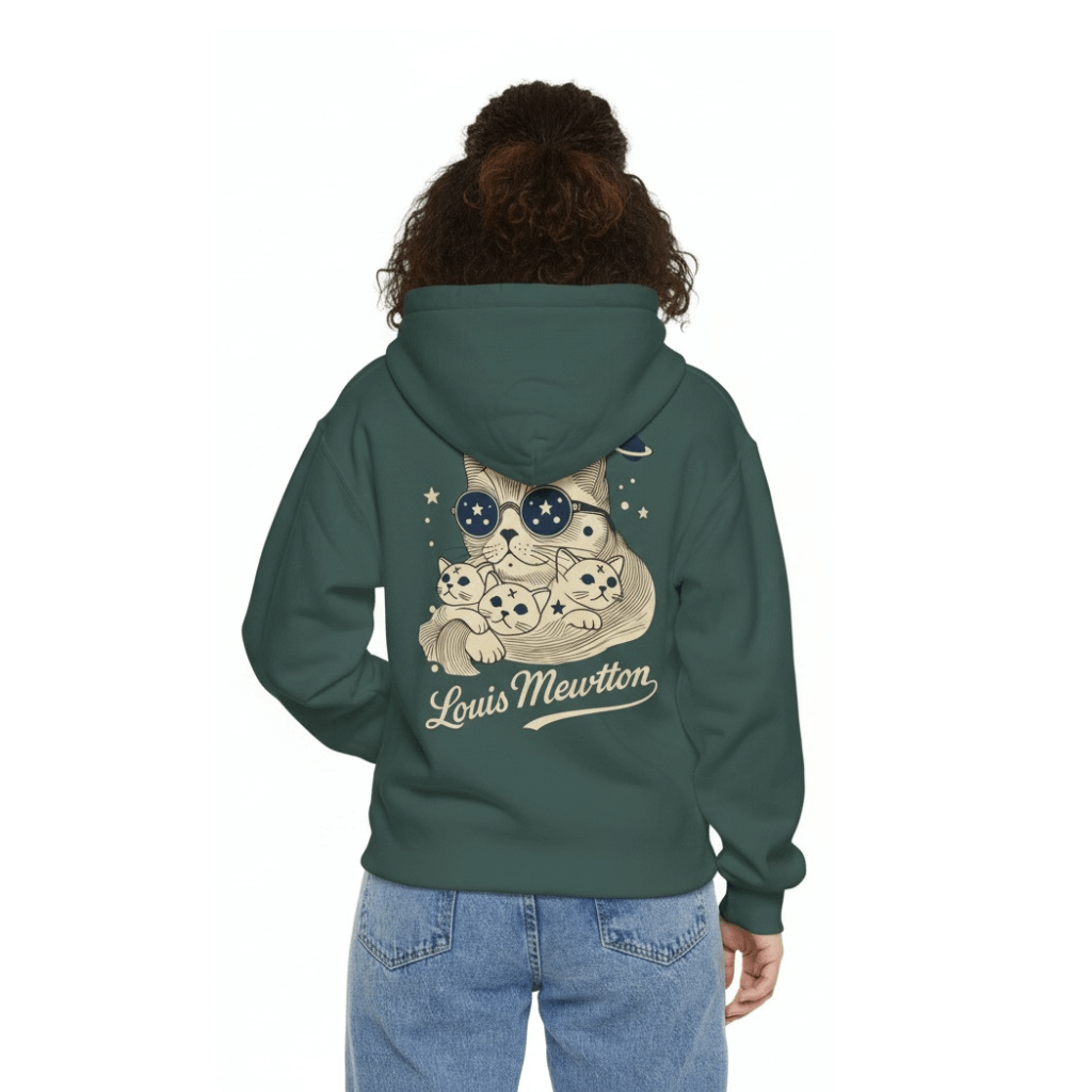 Woman posing in Louis Mewtton blue spruce hoodie, cat hoodie for women