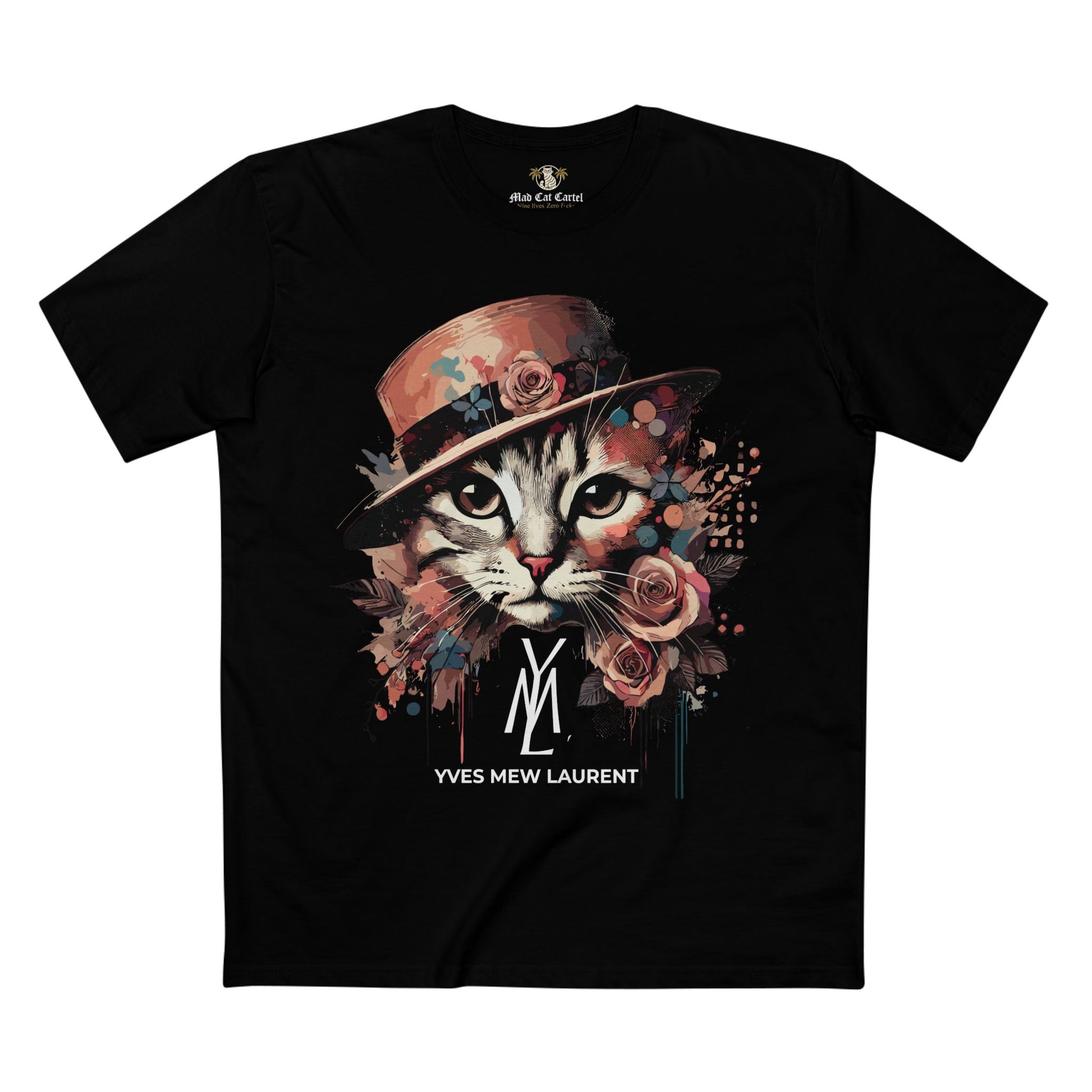 Black Yves Mew Laurent cat t shirt women's front design flat lay