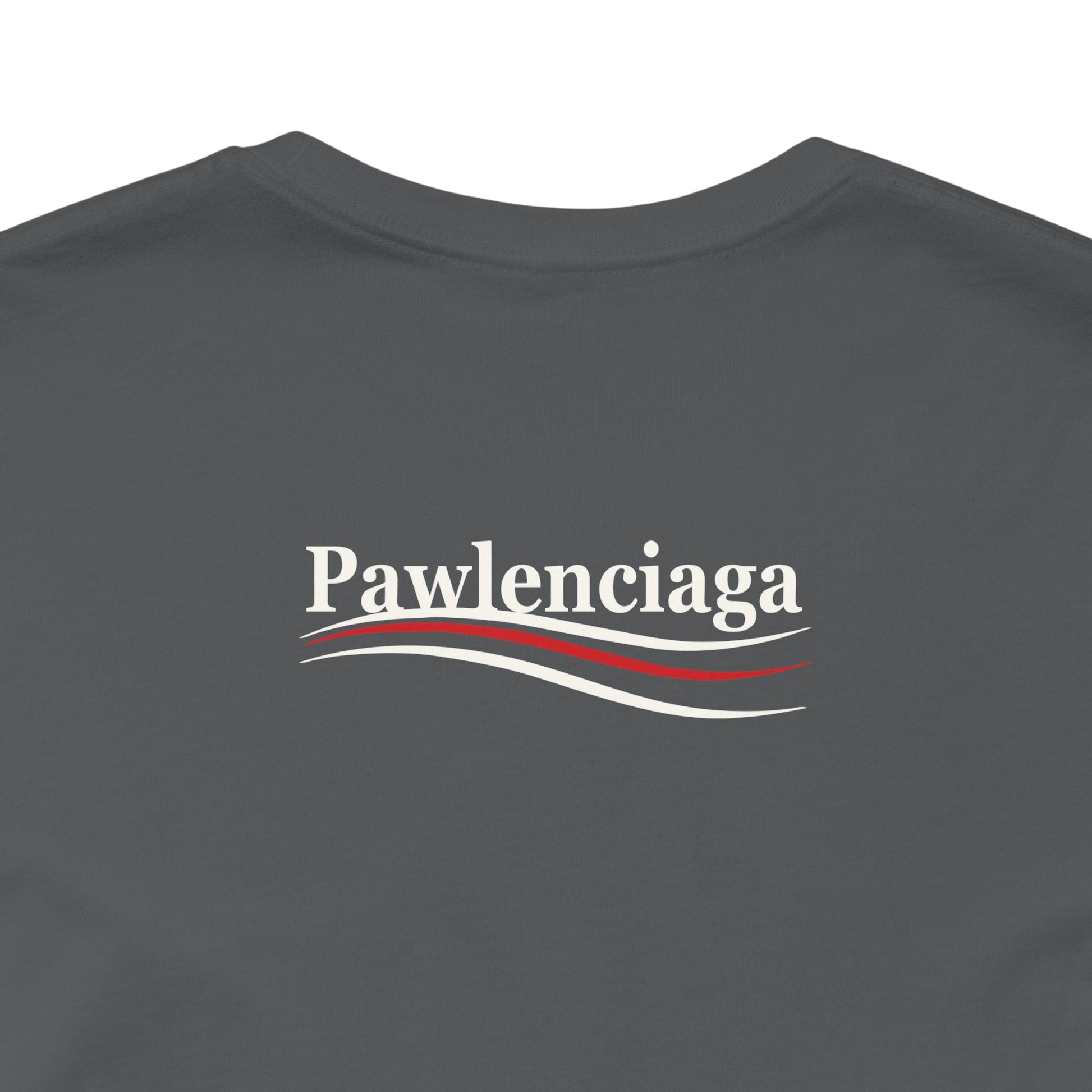 gray Pawlenciaga cat tee, back logo close up, tee shirts with cats on them, fabric focus