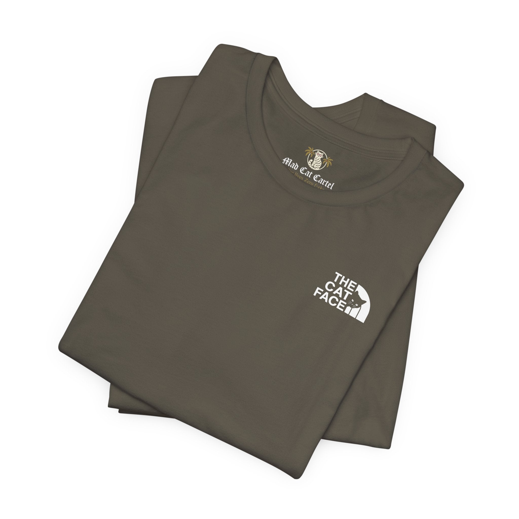 Mens cat shirts army green folded flat lay