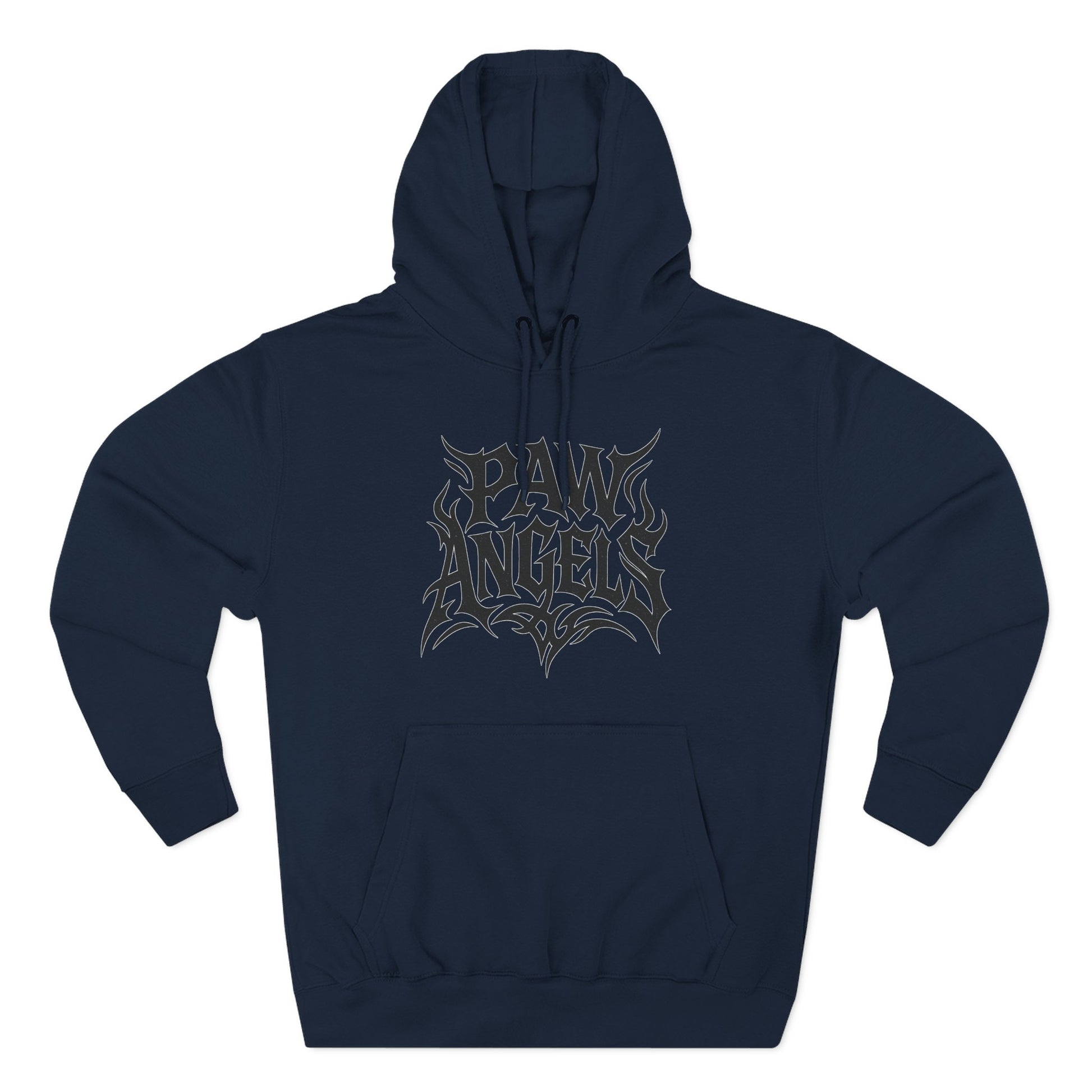 Royal blue Paw Angels Tribal Logo graphic hoodie front view, hoodie for cat lovers in navy blue