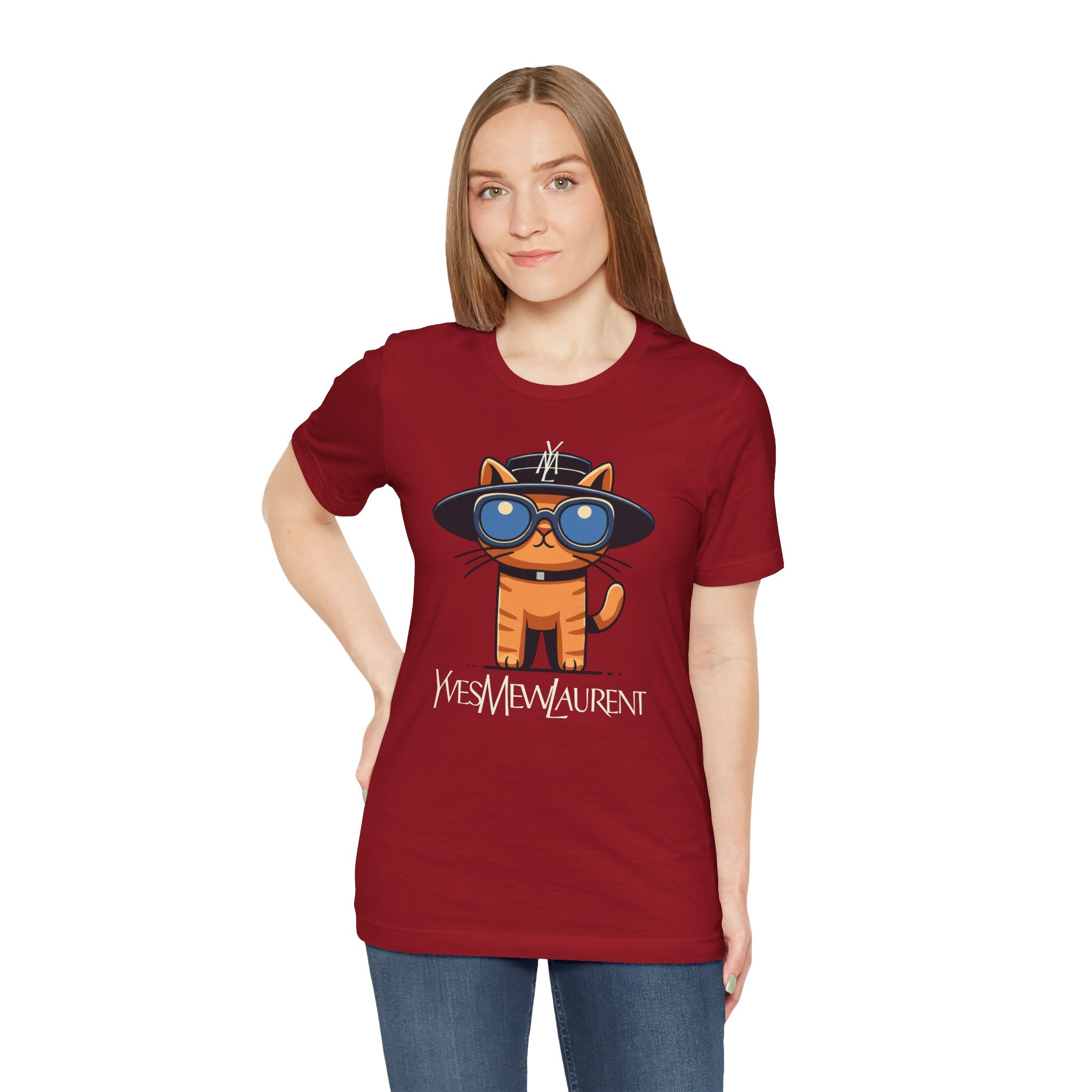 Canvas Red cute cat shirts ladies model front