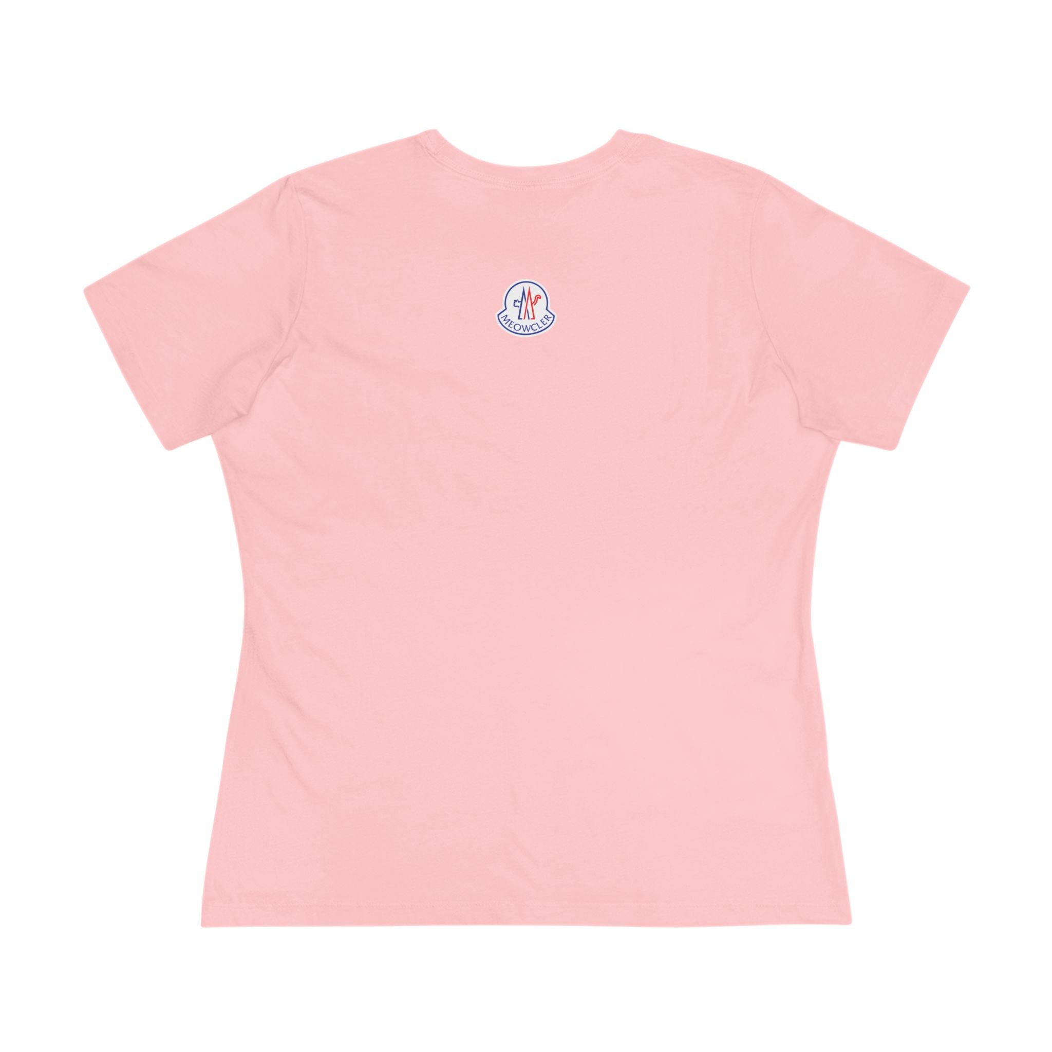 Hanging pink women’s cat t shirt with Meowcler mini chest design