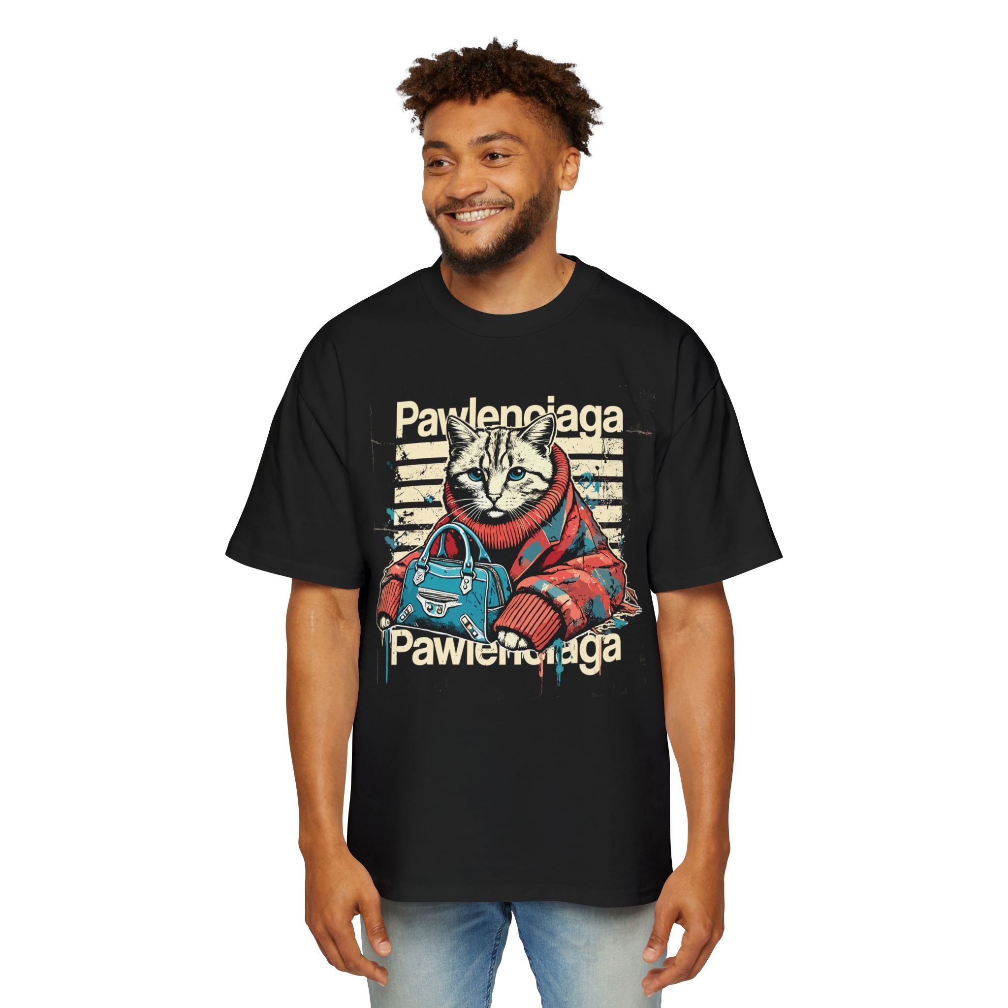 Male model wearing Pawlenciaga cat couture black oversized t shirt parody shirts mens cat tee oversized graphic t shirt cat on a shirt unique gifts for cat lovers front view