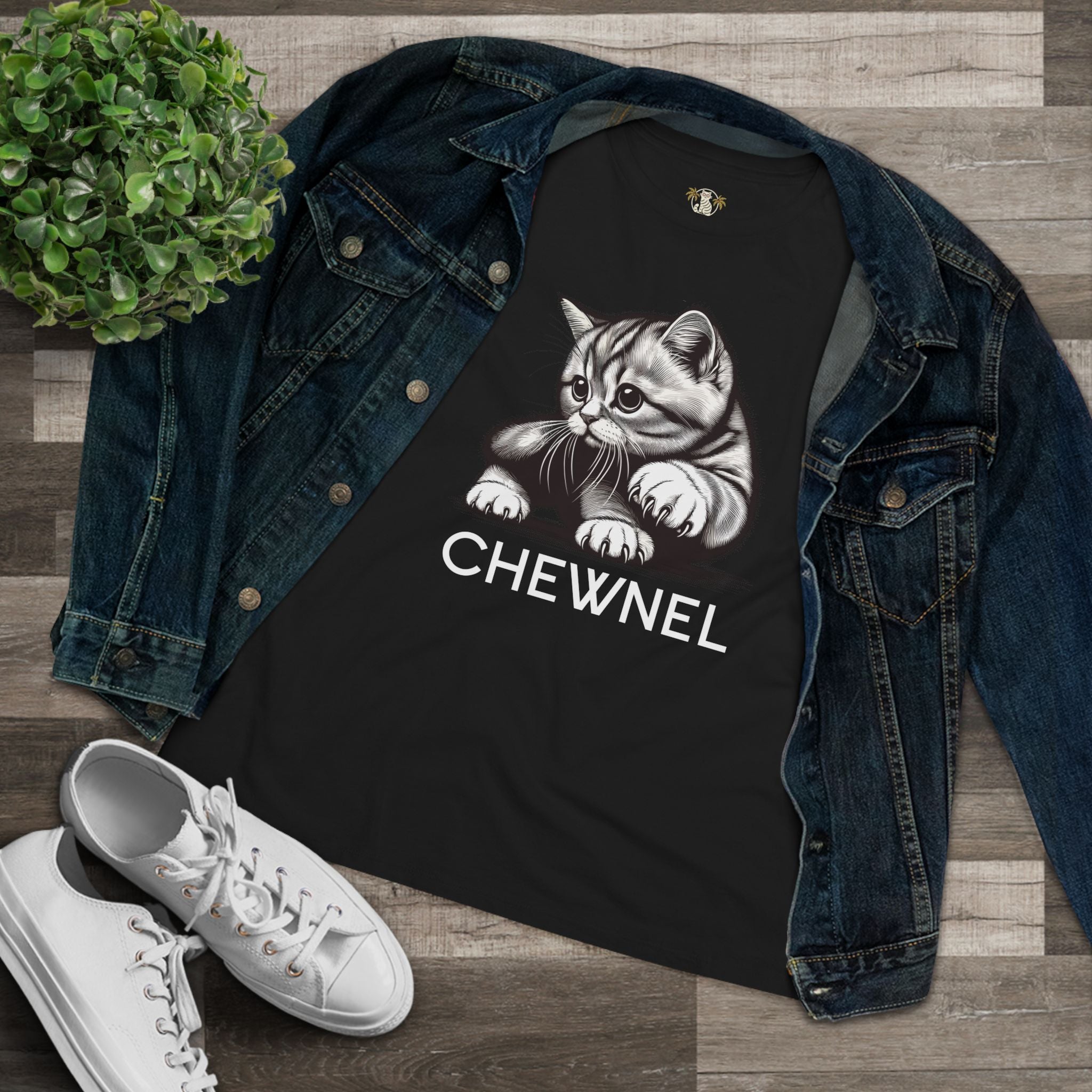 Black front view cat lover tee flat lay cute cat shirts for women paired with denim jacket and white shoes
