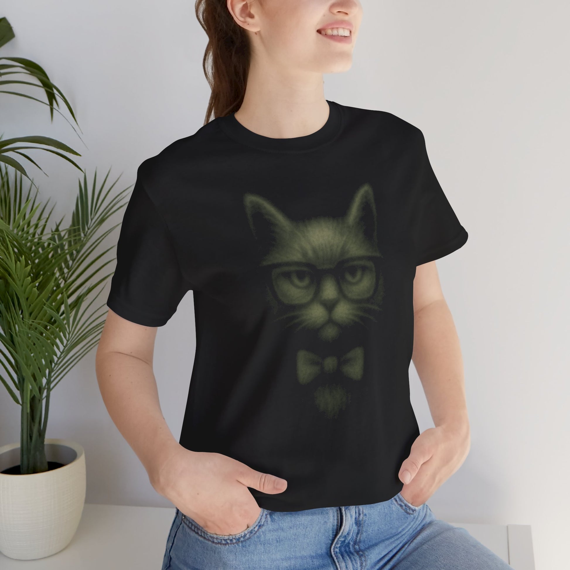 Woman wearing black graphic t shirt with purple cat design cat print clothing