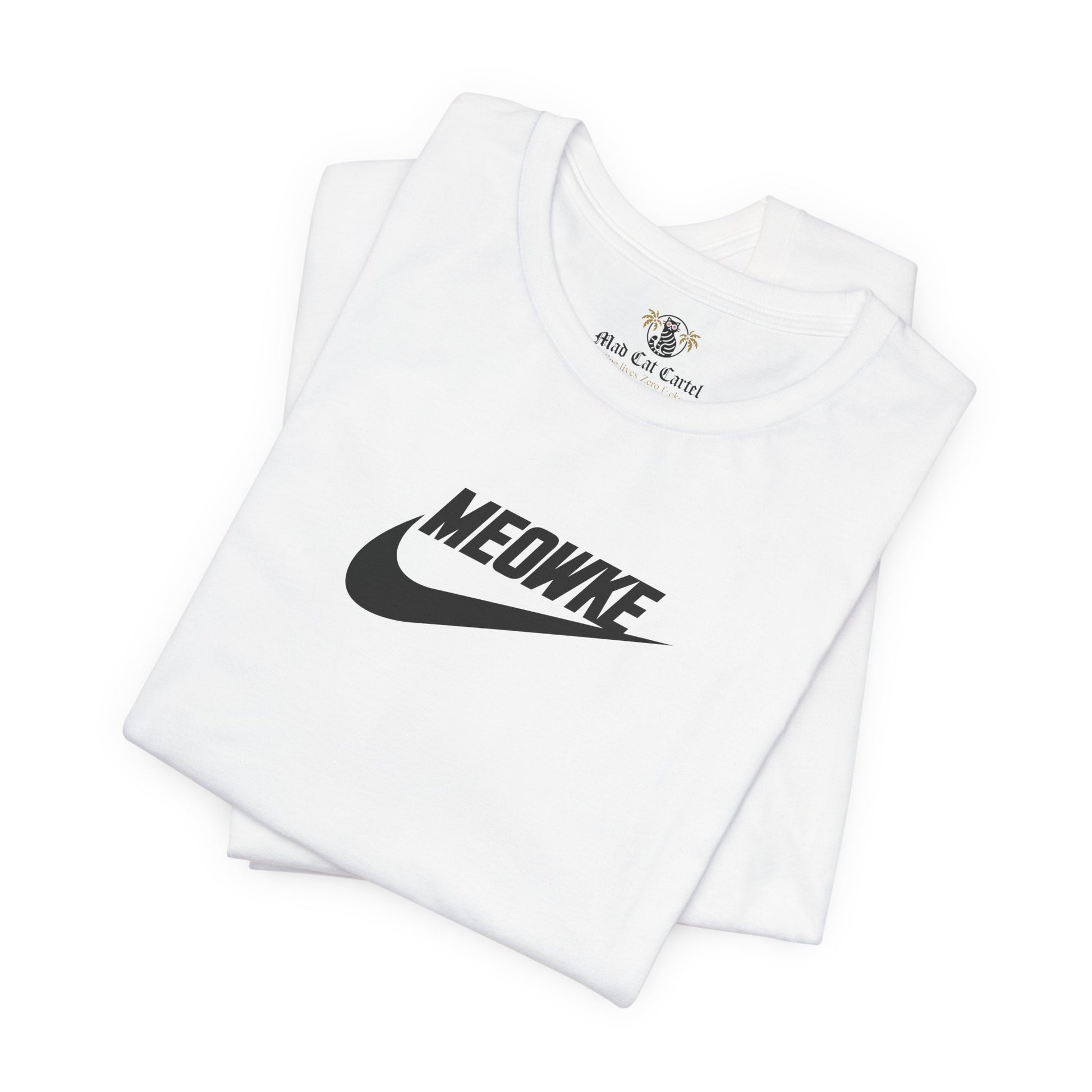 Funny t shirts for women – white unisex tees folded, black Meowke chest logo