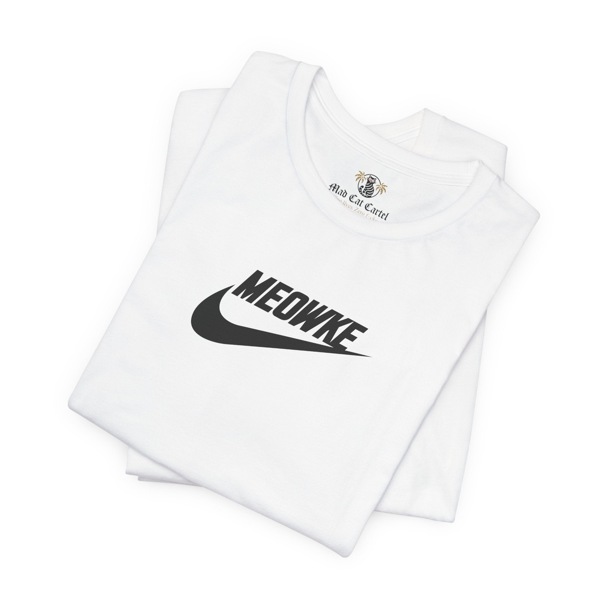 Funny t shirts for women – white unisex tees folded, black Meowke chest logo