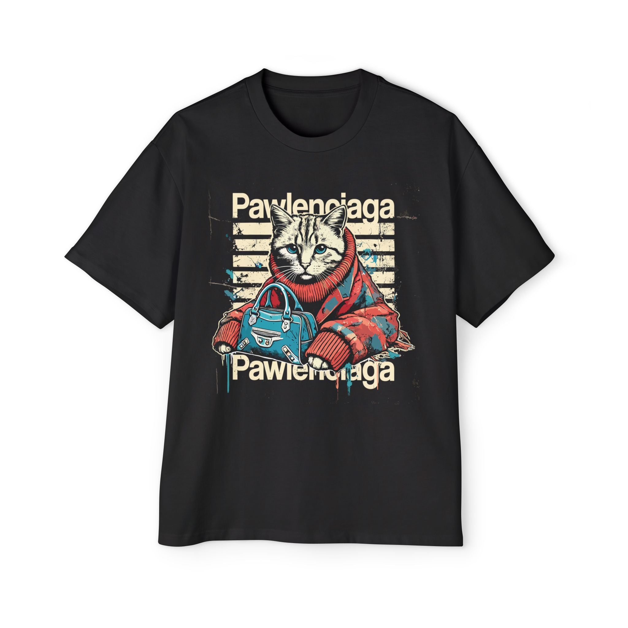 Pawlenciaga cat couture black oversized t shirt parody shirts mens cat tee oversized graphic t shirt cat on a shirt unique gifts for cat lovers front view