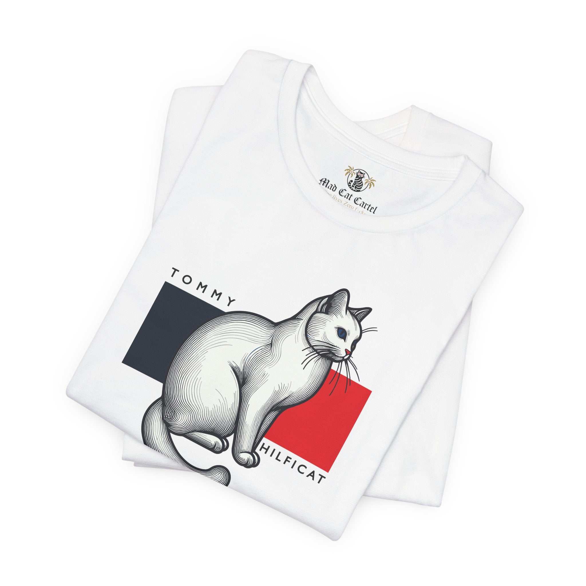 White cat lover shirts folded pair flat lay