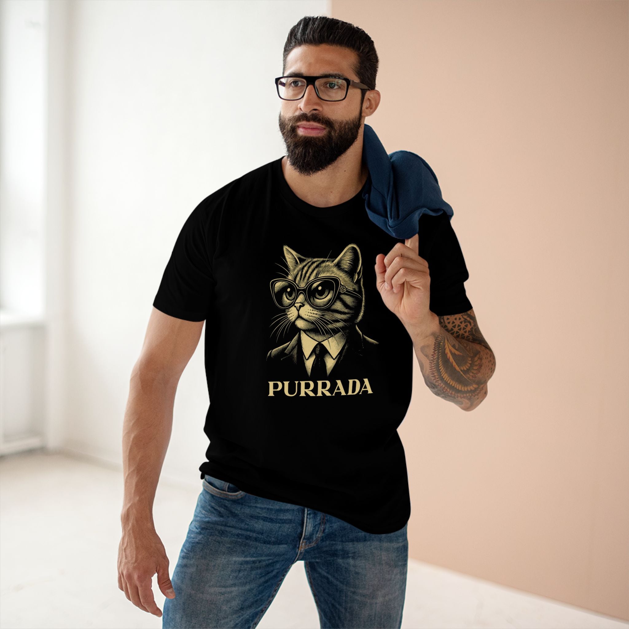 model wearing black t shirt with cat graphic, stylish casual outfit, cotton cat tee