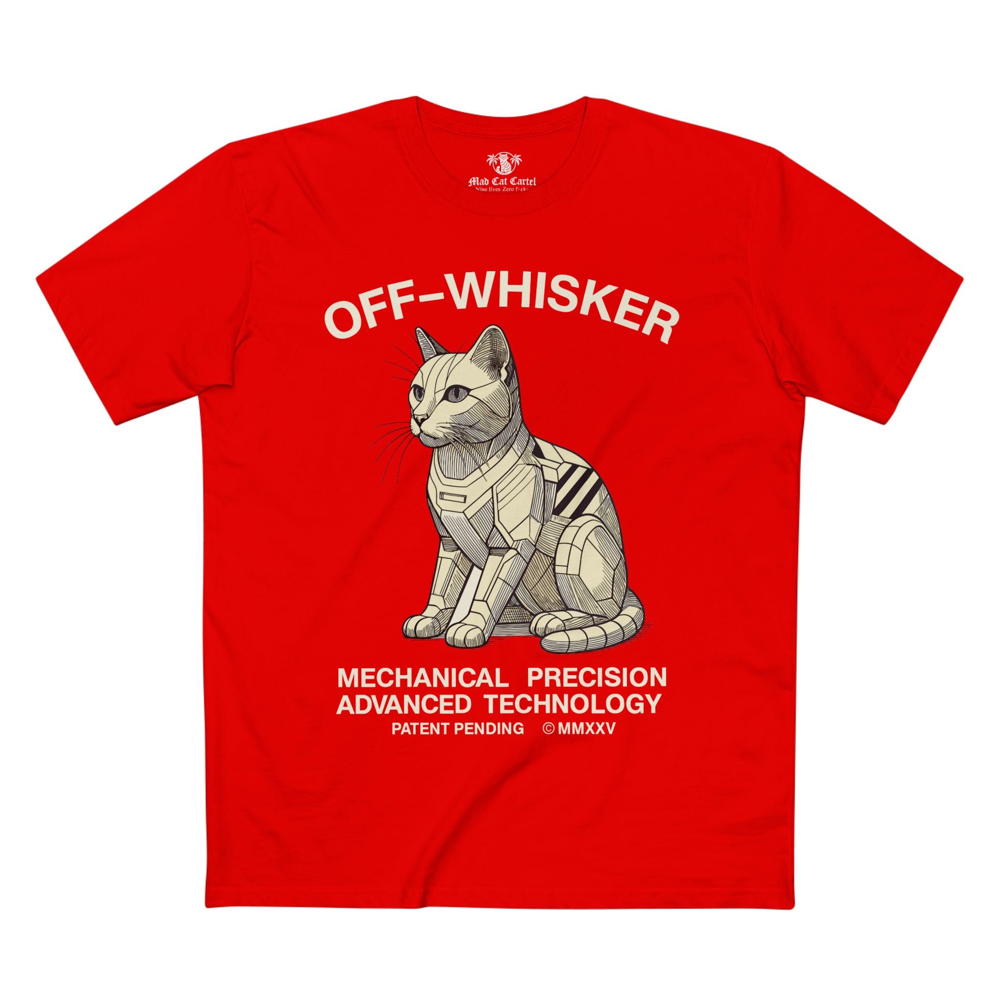 Red Off-Whisker Gen-01 Mech Cat t-shirt on hanger – cat lovers gift, unique design