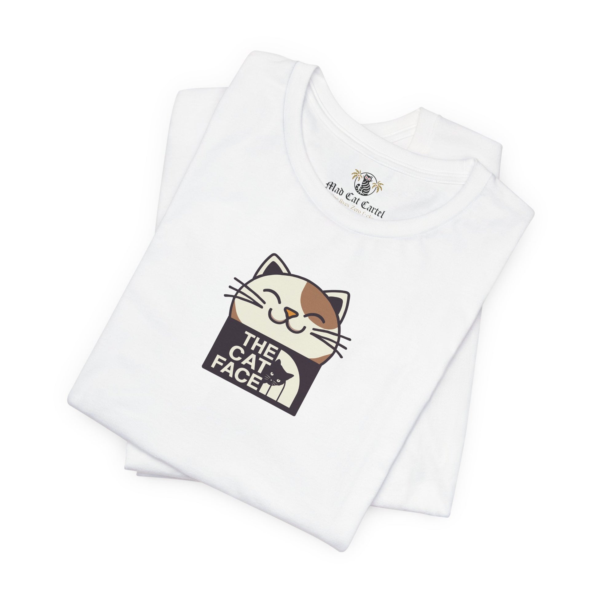 Cat print tee shirts white folded front with logo