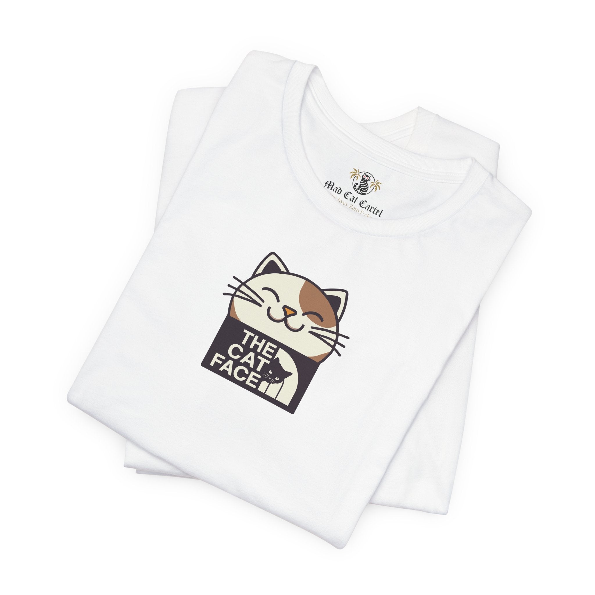 Cat print tee shirts white folded front with logo