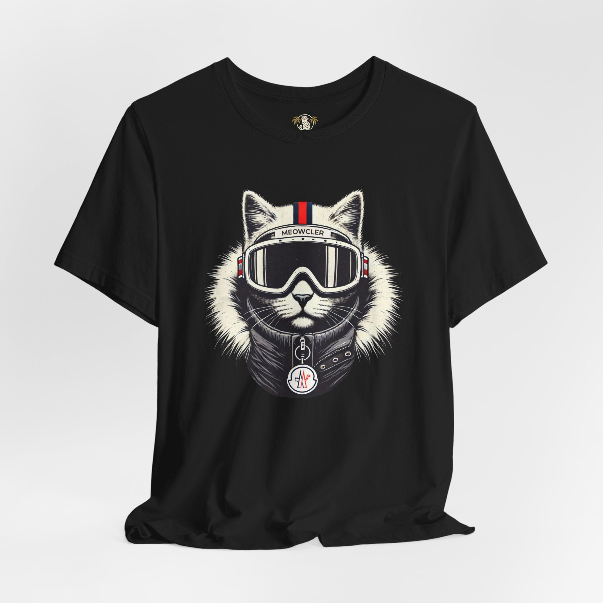 Front view Meowcler ski cat graphic black tee on plain background