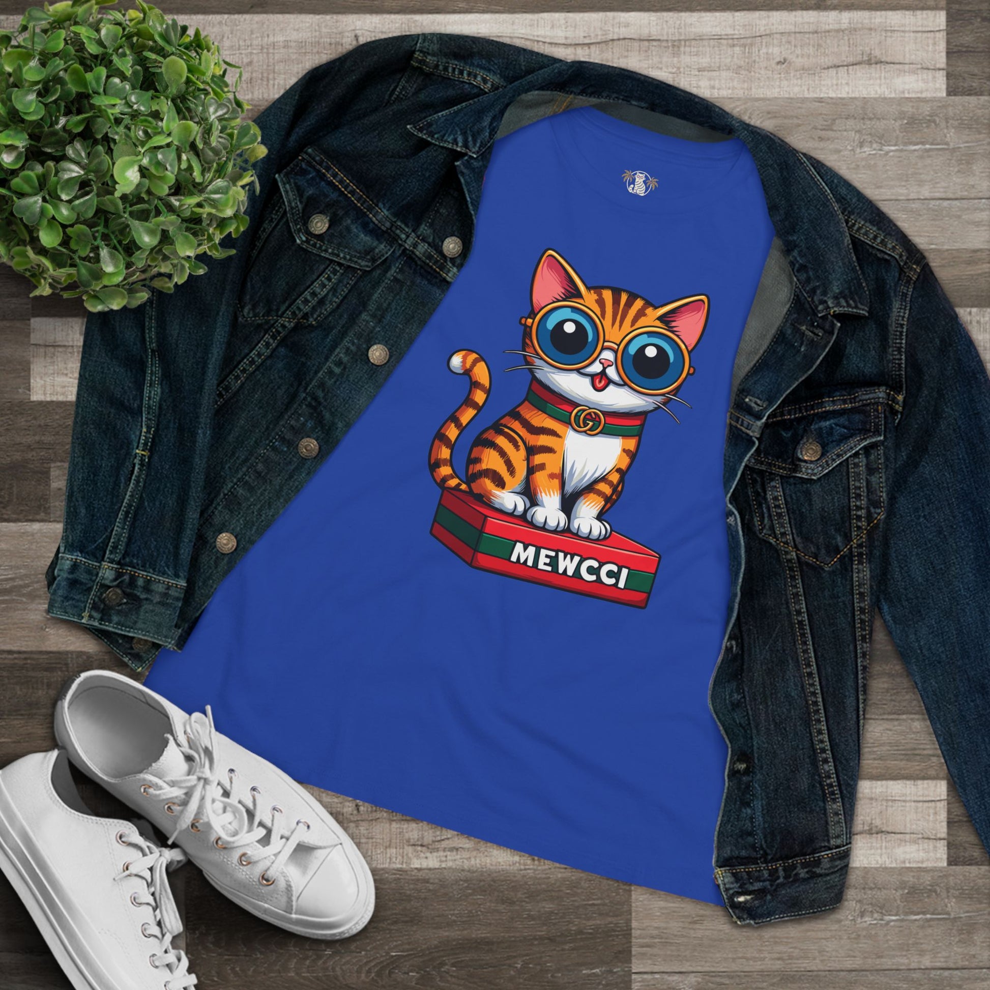Cat themed shirts womens blue t shirt flat lay with denim jacket