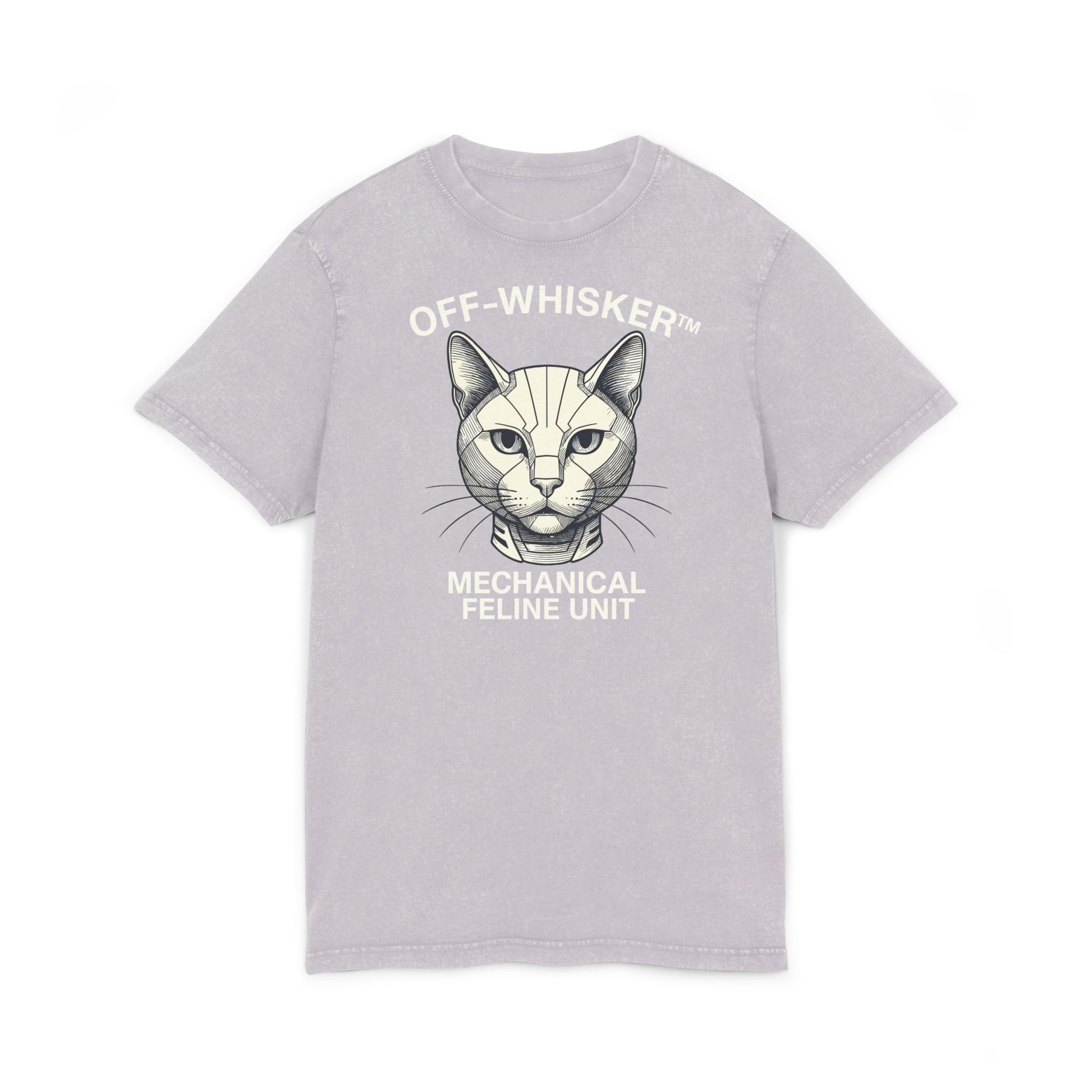 Off-Whisker Mechanical Feline Unit Cat Graphic Acid Washed T-Shirt, soft purple lilac unisex front view