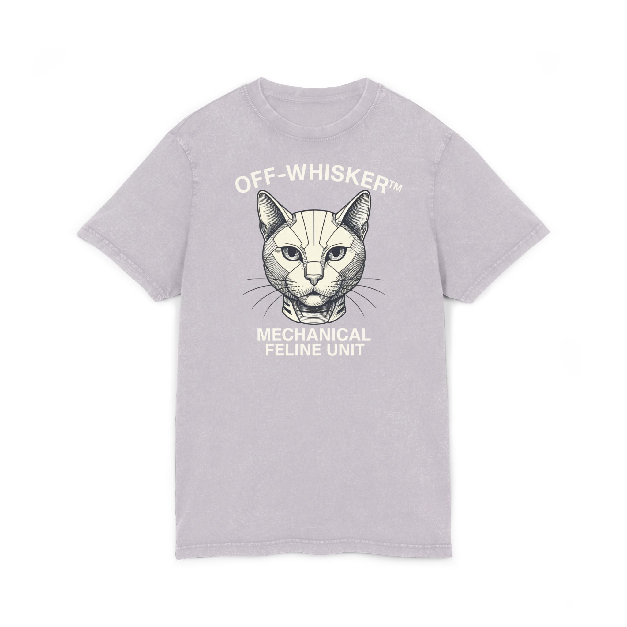 Off-Whisker Mechanical Feline Unit Cat Graphic Acid Washed T-Shirt, soft purple lilac unisex front view
