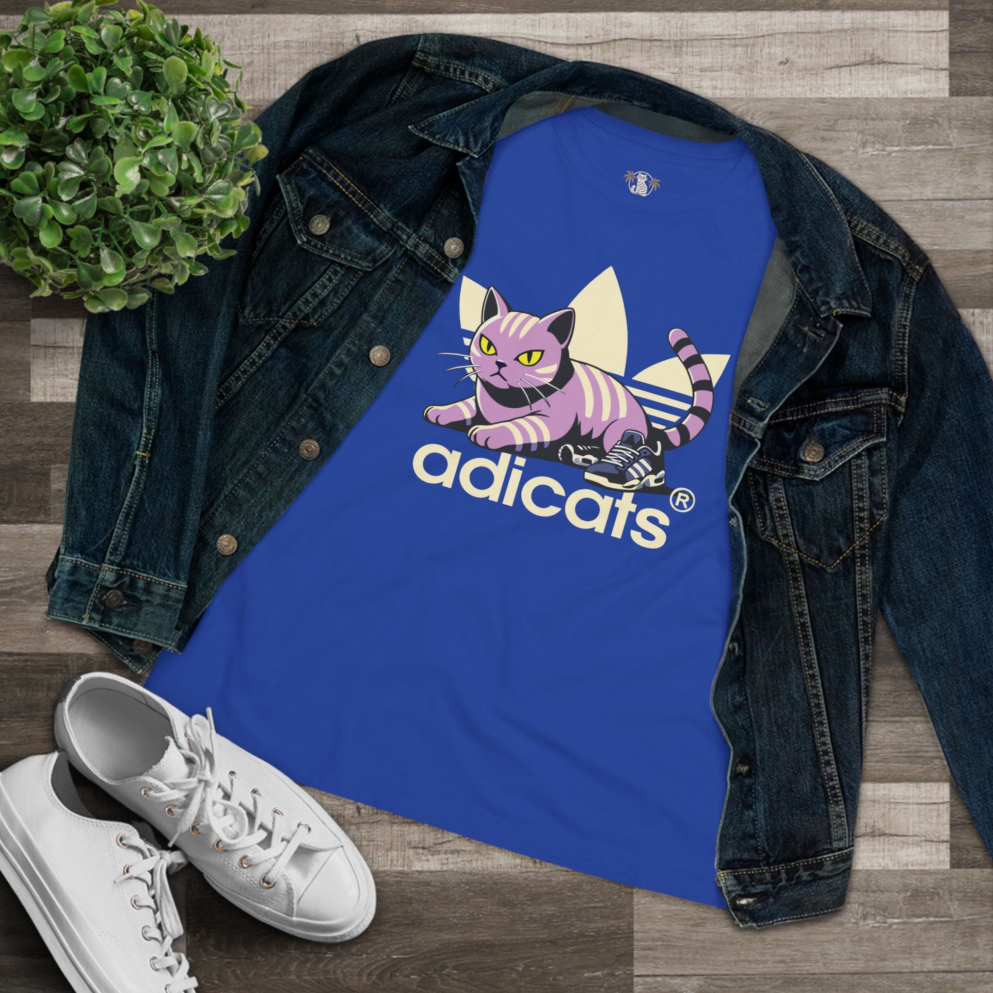 Royal Blue funny cat shirts for women lifestyle flat lay with denim jacket