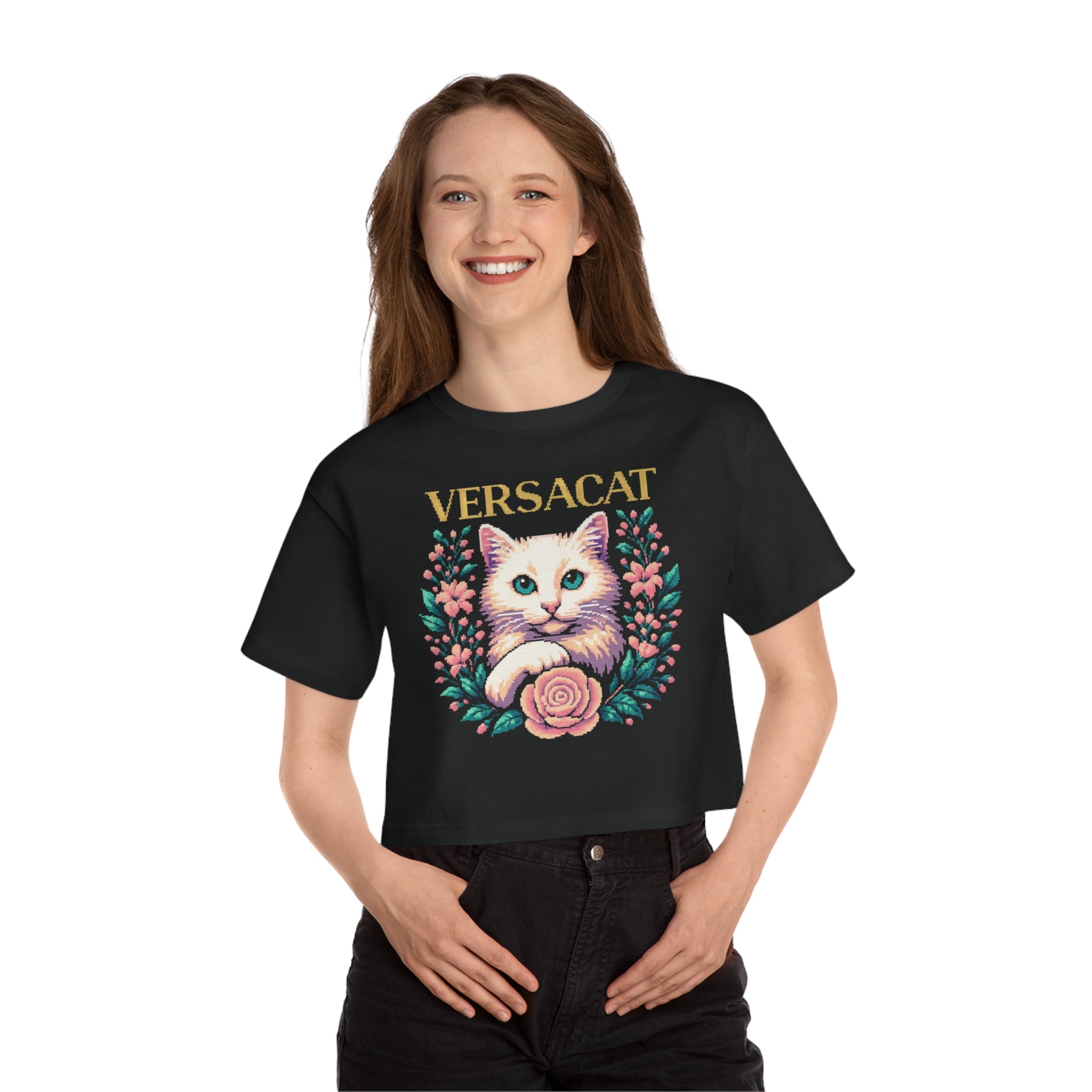 model wearing Versacat Pixel Bloom crop top, cat graphic black crop top, casual outfit for women