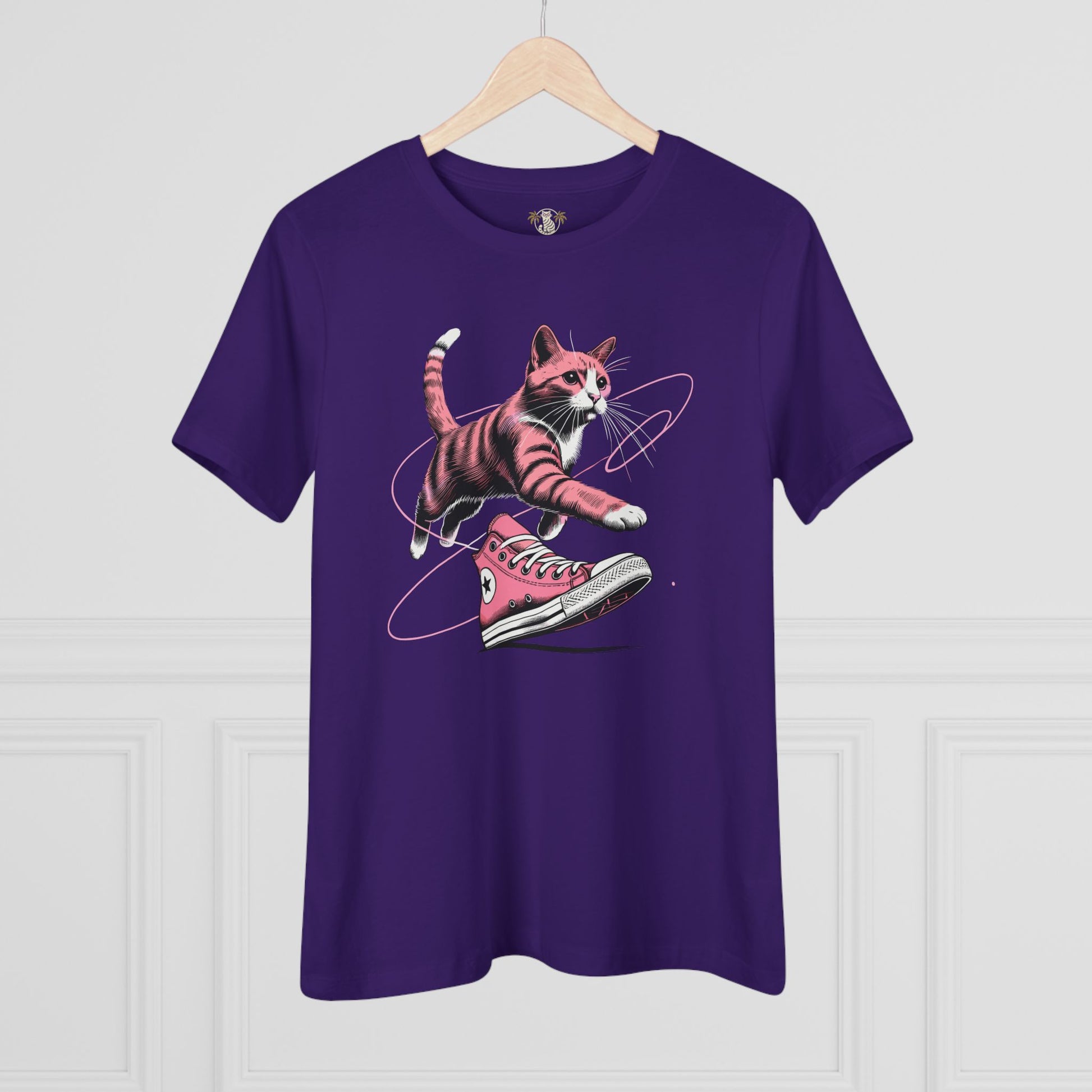 Purple Catverse Apex Kick women’s graphic t shirt on hanger, cat on a shirt, cat lover t shirts