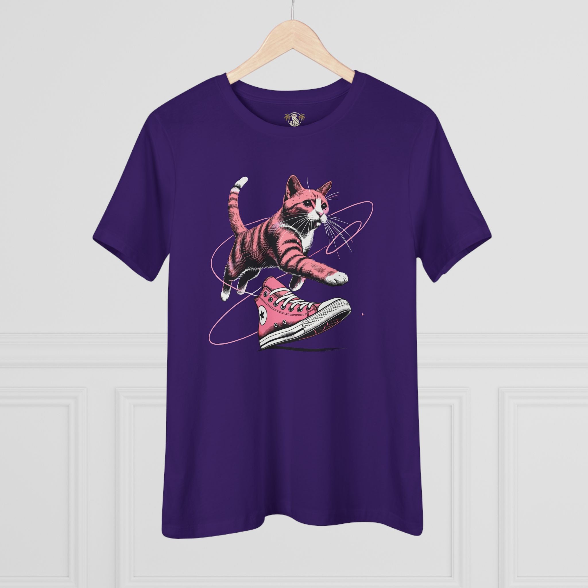 Purple Catverse Apex Kick women’s graphic t shirt on hanger, cat on a shirt, cat lover t shirts